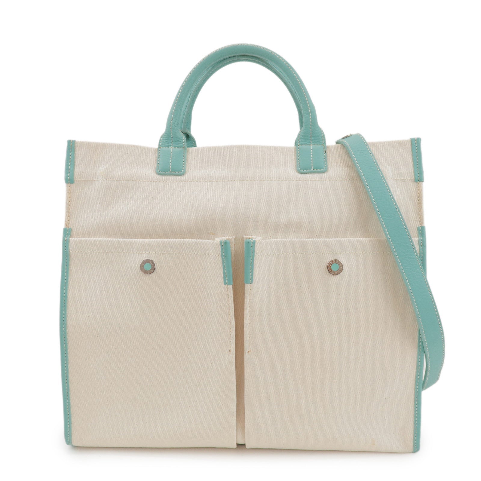Tiffany & Co Jitney Canvas Leather 2Way Bag Tote Bag Natural Blue