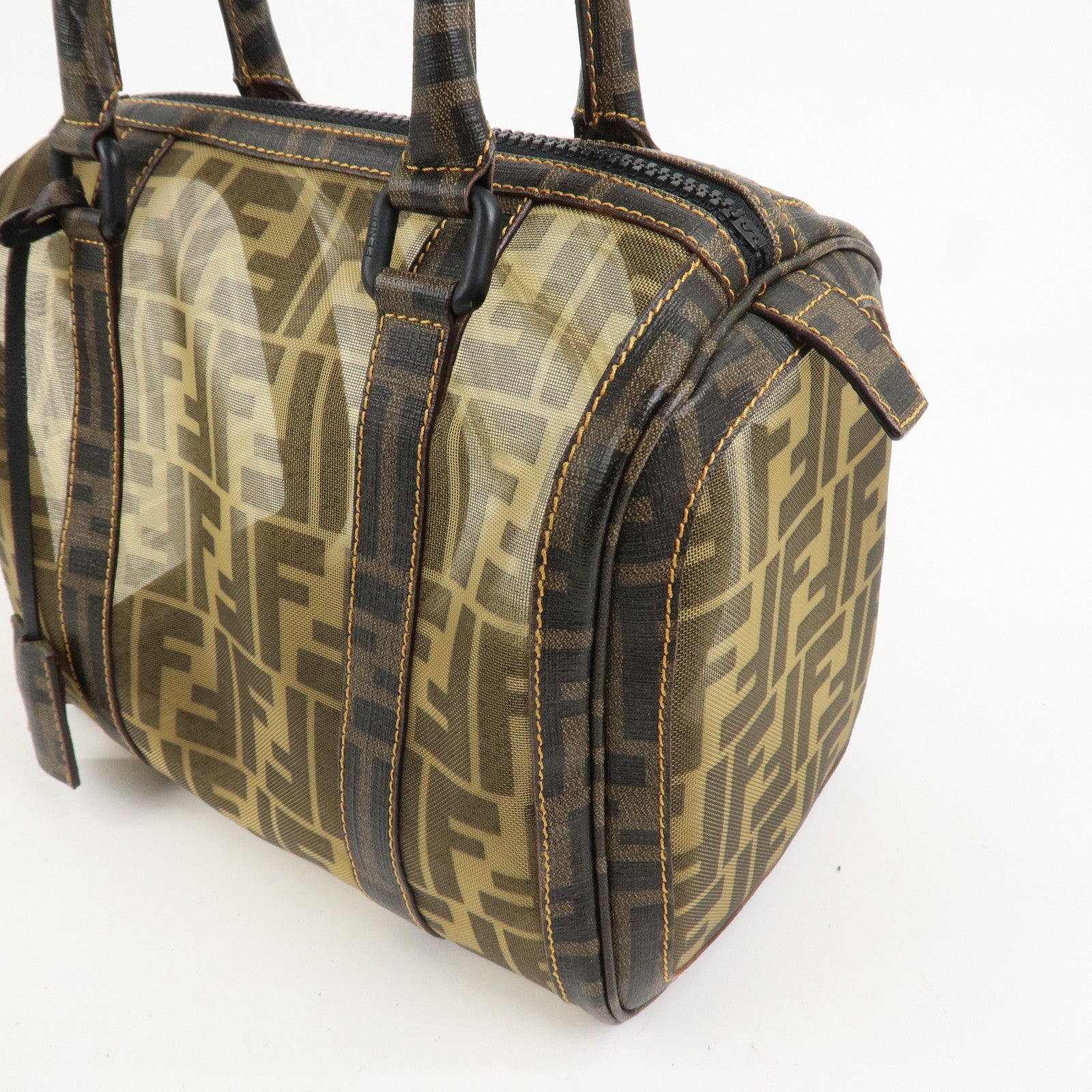 FENDI Zucca Mesh PVC Leather Boston Bag Hand Bag Brown 8BL092