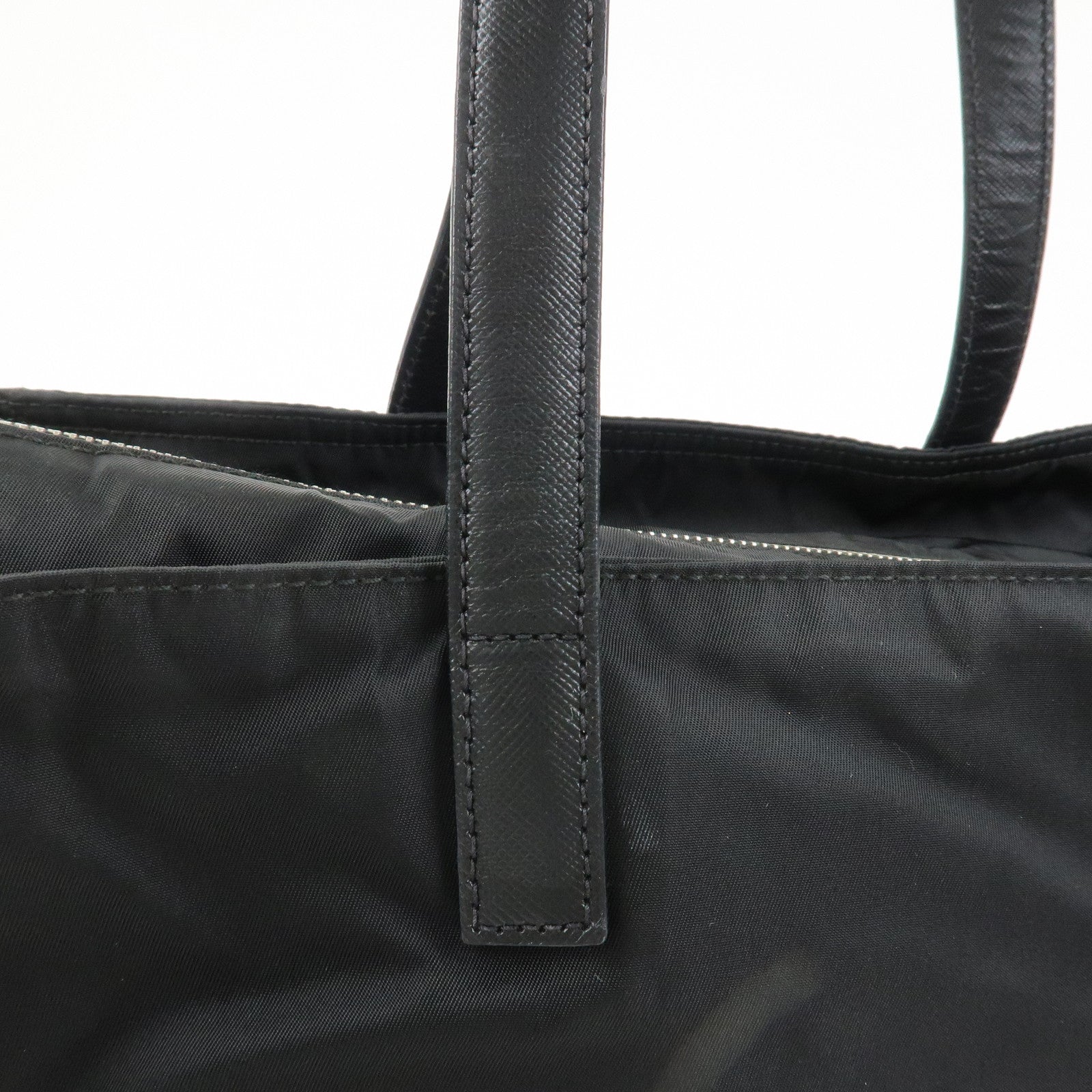 PRADA Triangle Logo Nylon Saffiano Leather Tote Shoulder Bag Black