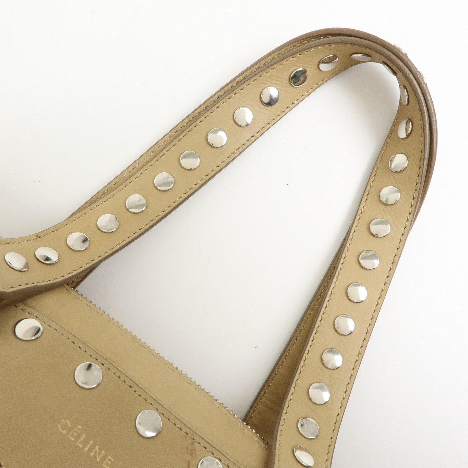 CELINE Leather Hand Bag Bowling Bag Beige Studs