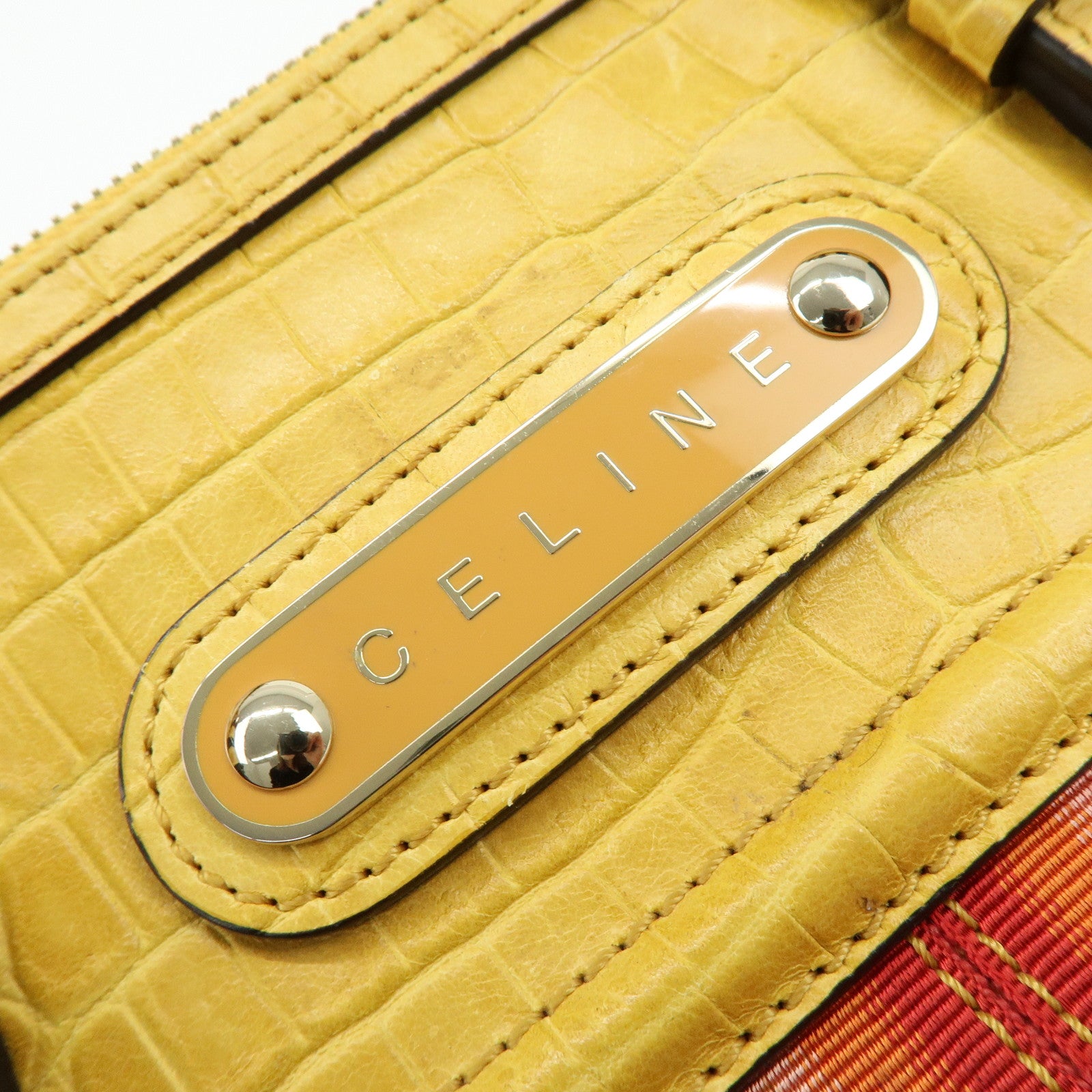 CELINE Macadam Embossed Leather Tote Bag Shoulder Bag Yellow Beige
