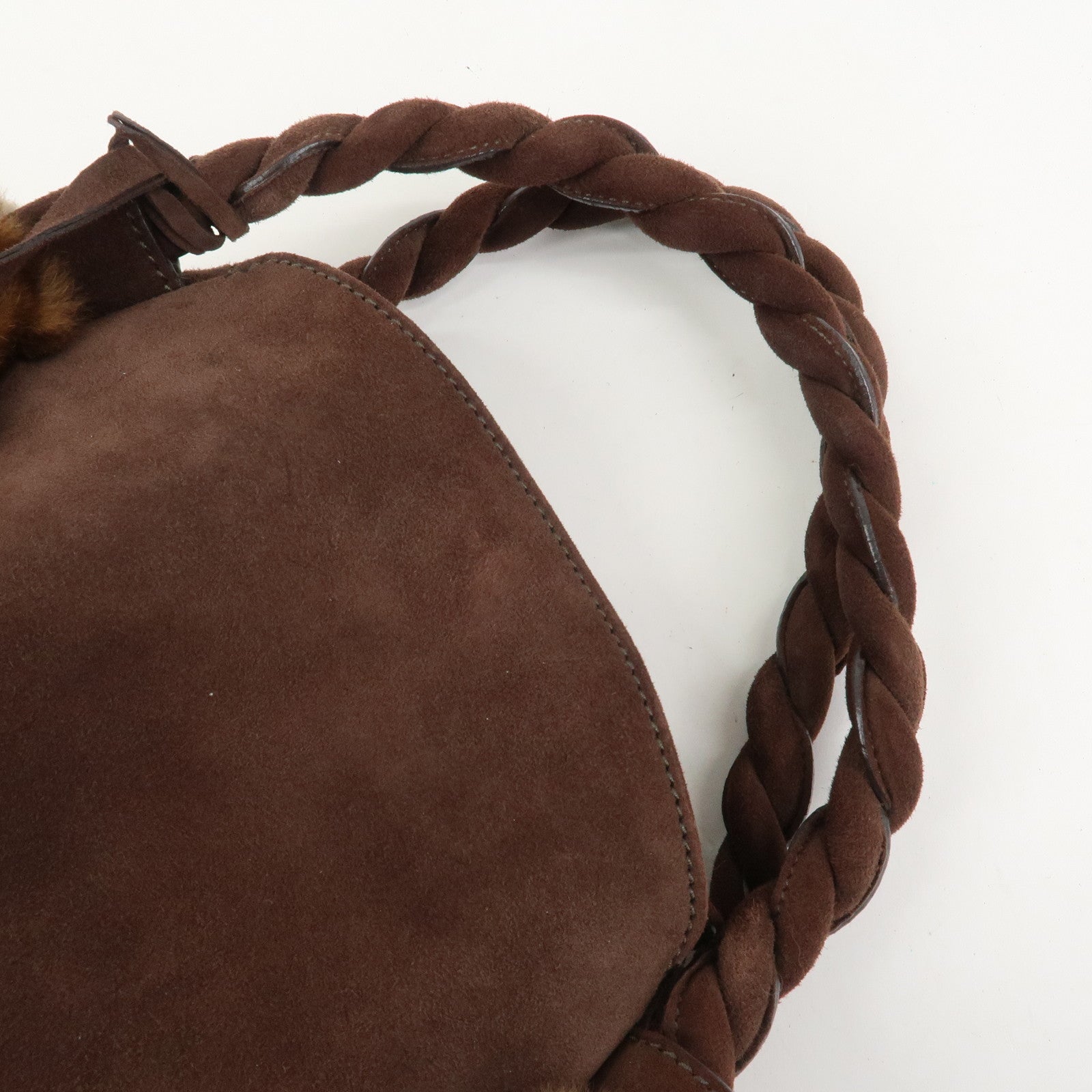 Ferragamo Gancini Suede Fur Hand Bag Brown BW-21 B372