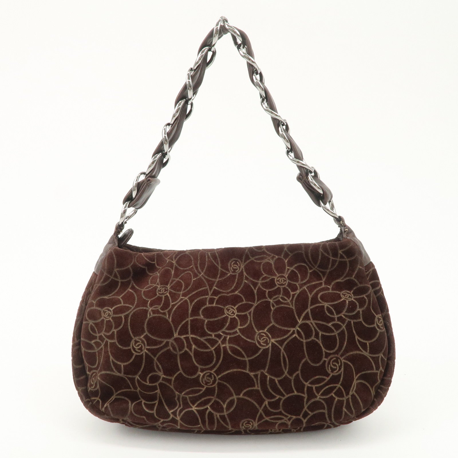CHANEL Cameria Suede Shoulder Bag Brown Silver Hardware Used
