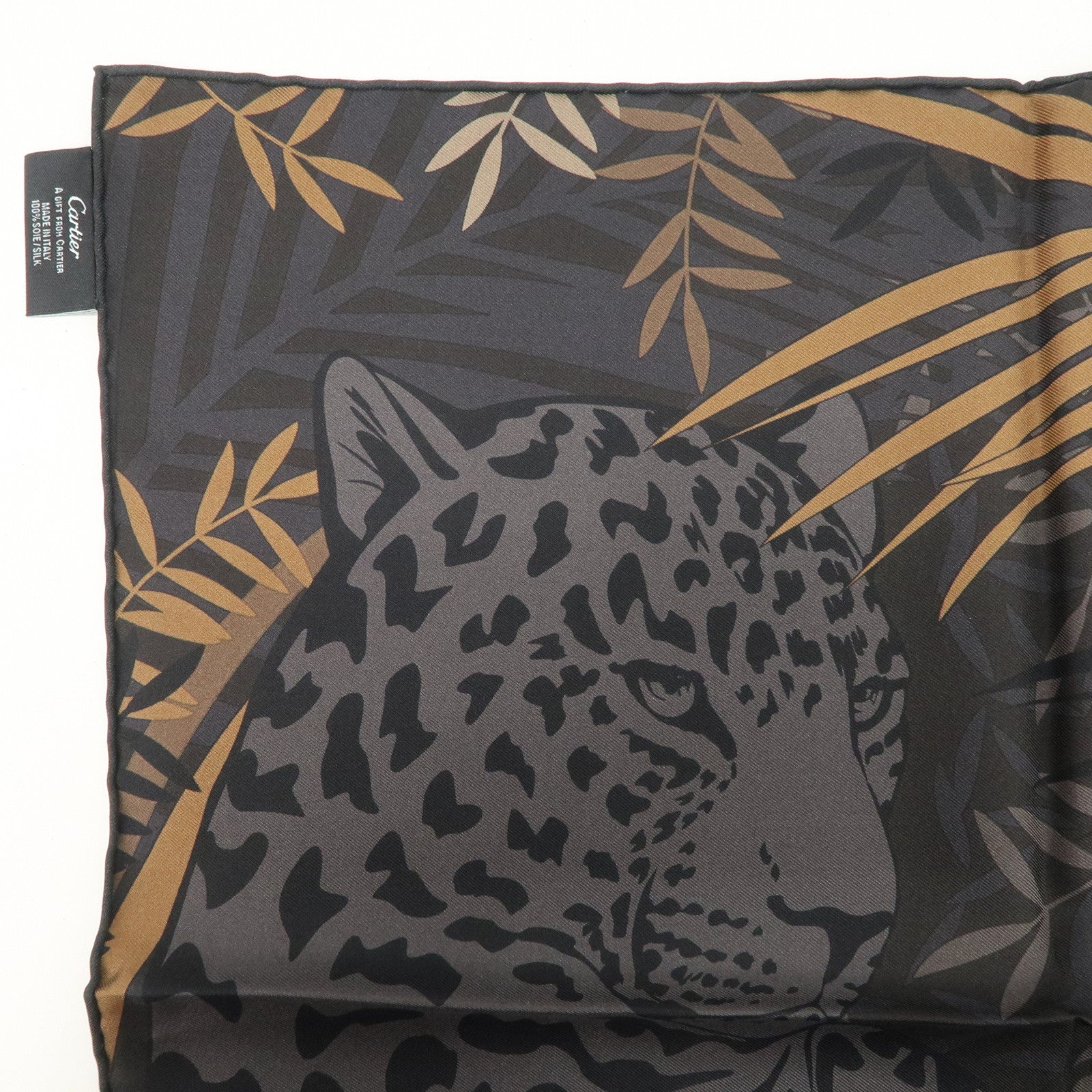 Cartier Silk 100% 42×42 Scarf Leopard Safari Motif Black Brown