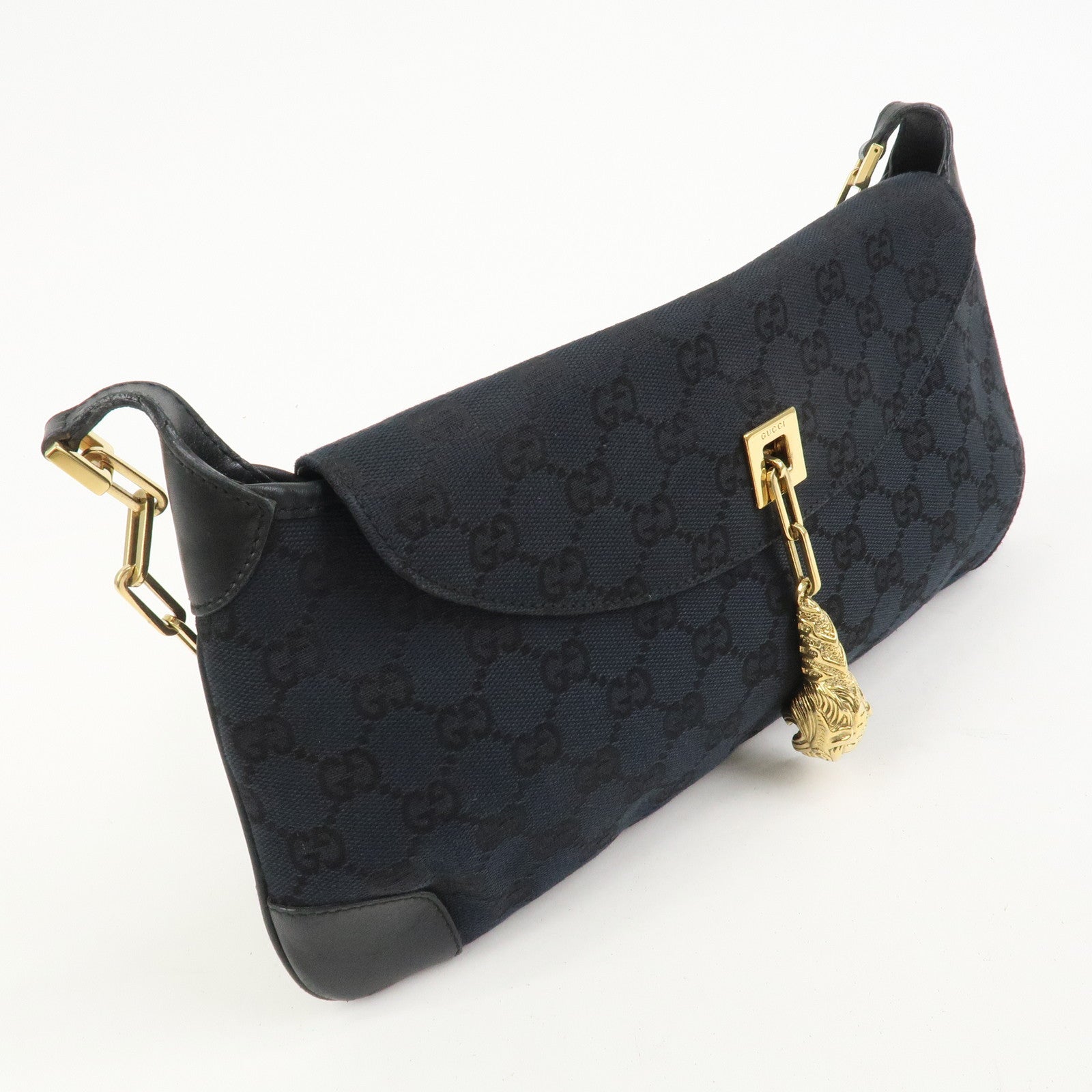 GUCCI Tiger Head GG Canvas Leather Chain Shoulder Bag 001.4113