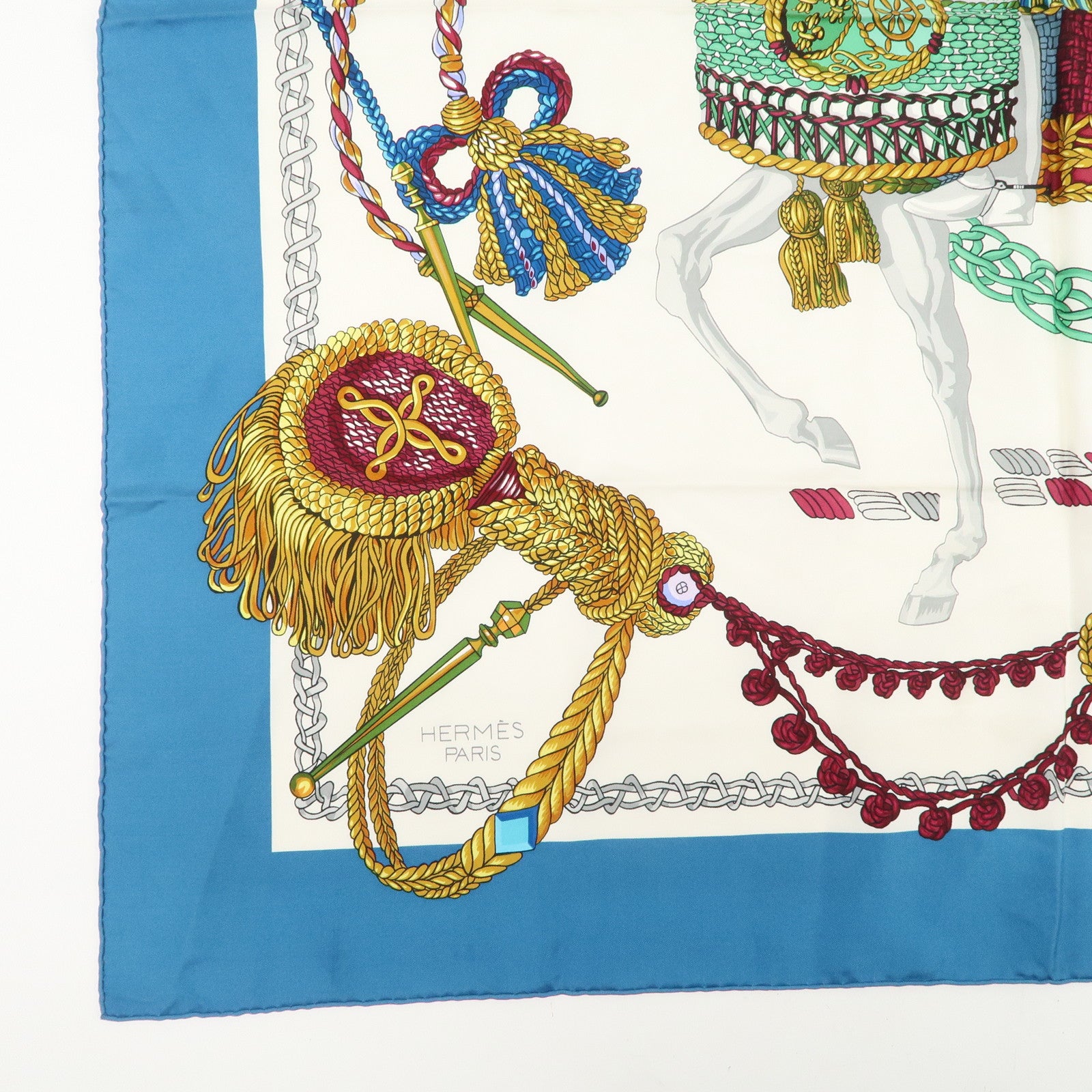 HERMES Carre 90 Silk 100% Scarf Le Timbalier Blue Gold