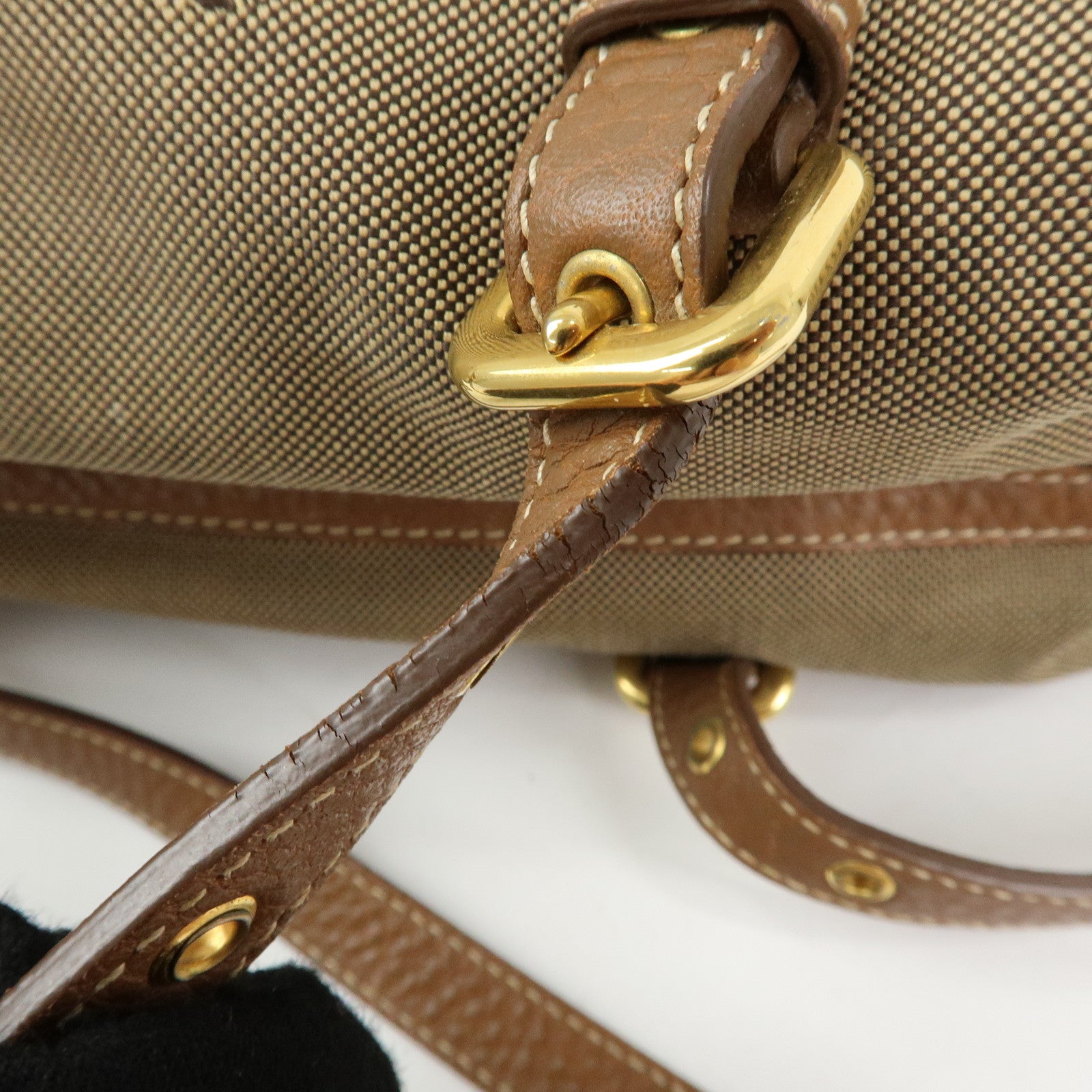 PRADA Logo Canvas Leather Boston Bag Hand Bag Beige Brown BL0600