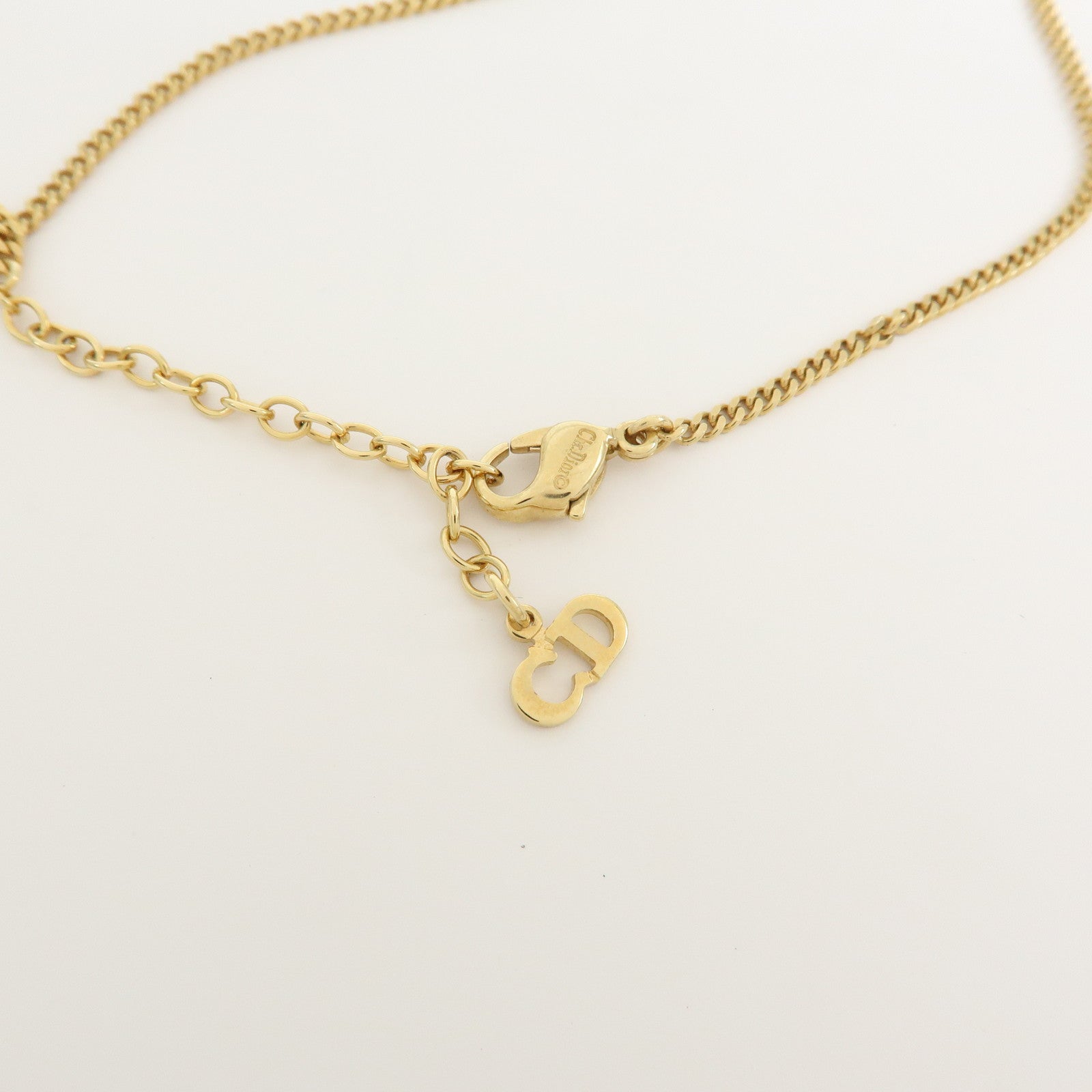Christian Dior Logo Pendant Metal Rhinestone Necklace Gold