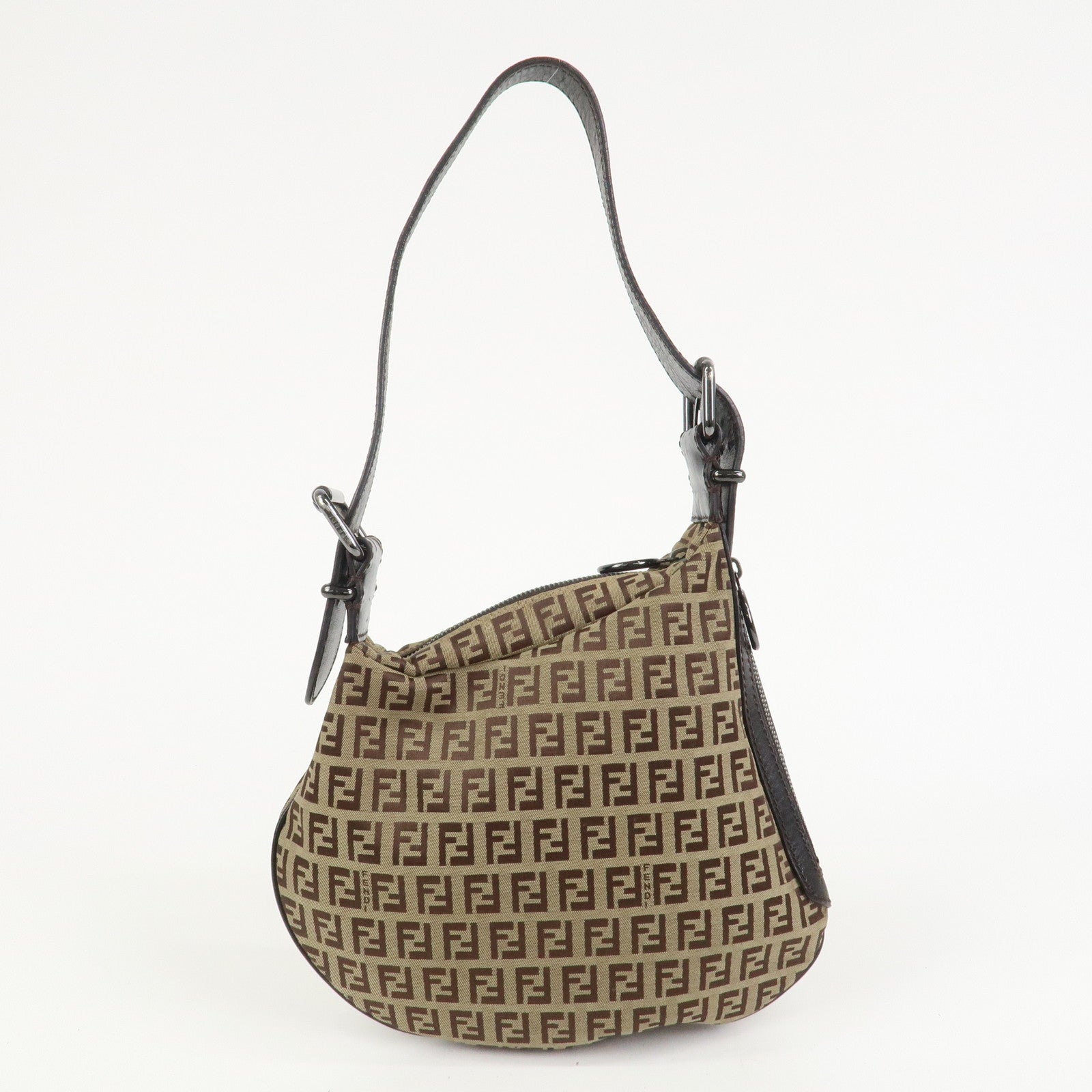 FENDI Zucchino Canvas Leather Shoulder Bag Hand Bag Brown