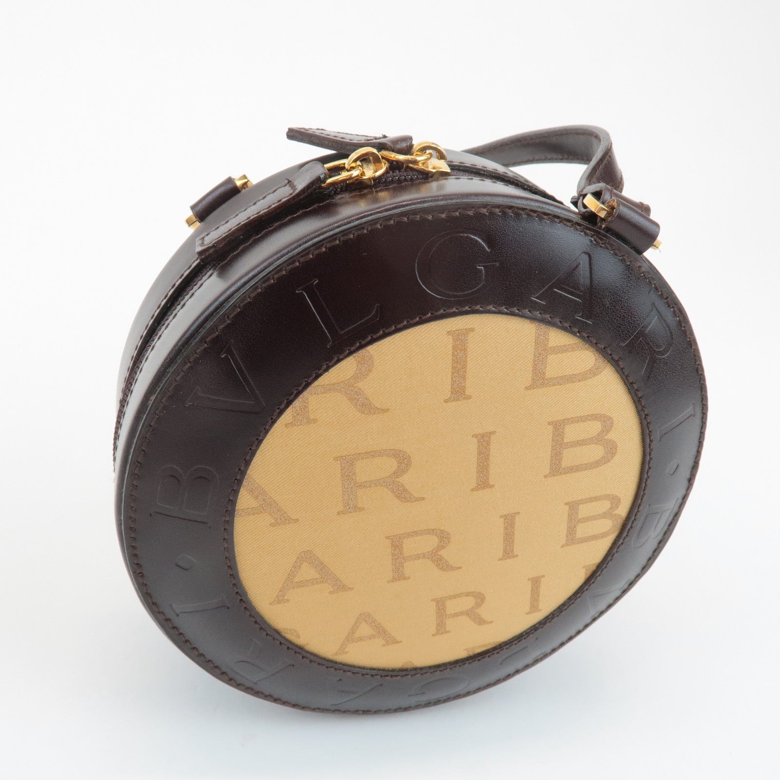 BVLGARI Logo Mania Canvas Leather B-Zero1 Drum Shoulder Bag Brown Used