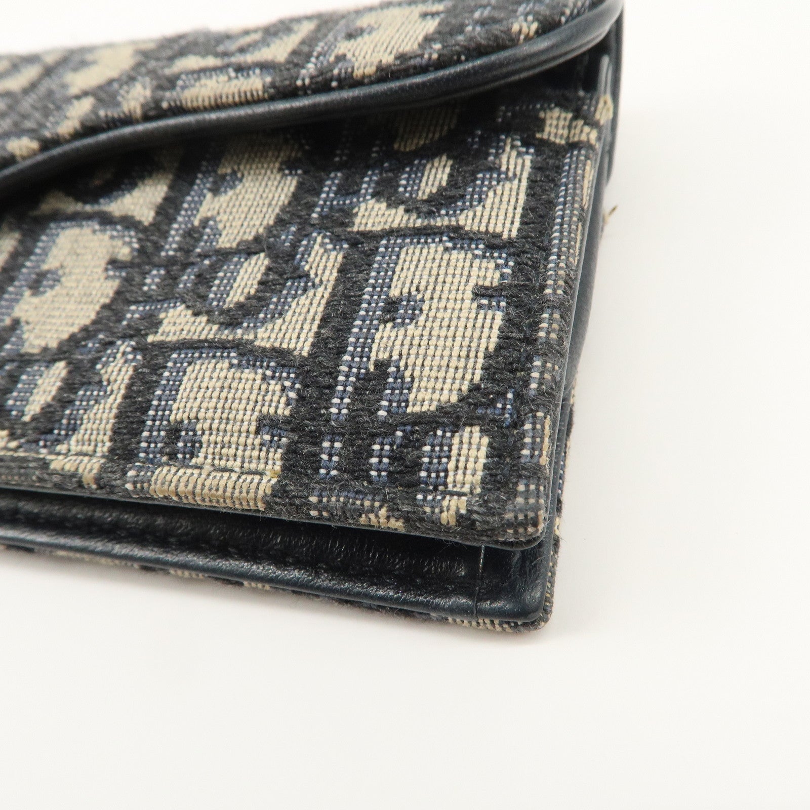 Christian Dior Oblique Canvas Leather Saddle Card Case Beige Navy Used