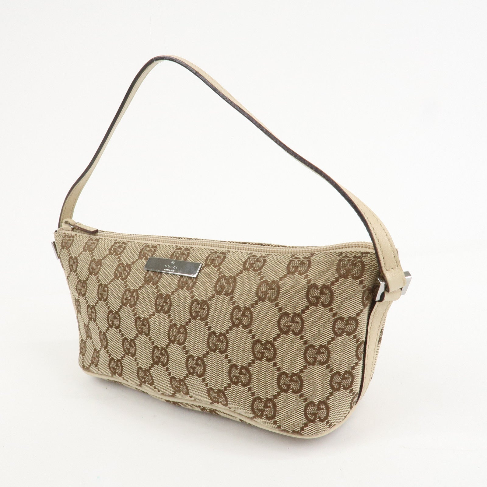 GUCCI Boat Bag GG Canvas Leather Hand Bag Pouch Beige Brown 07198