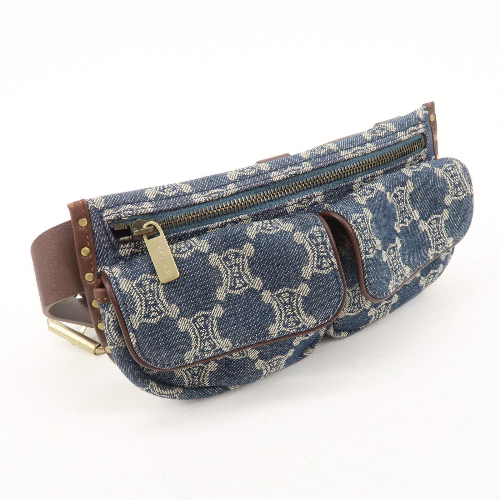 CELINE Macadam Waist Bag Denim Navy Dark Brown Gold HDW Used