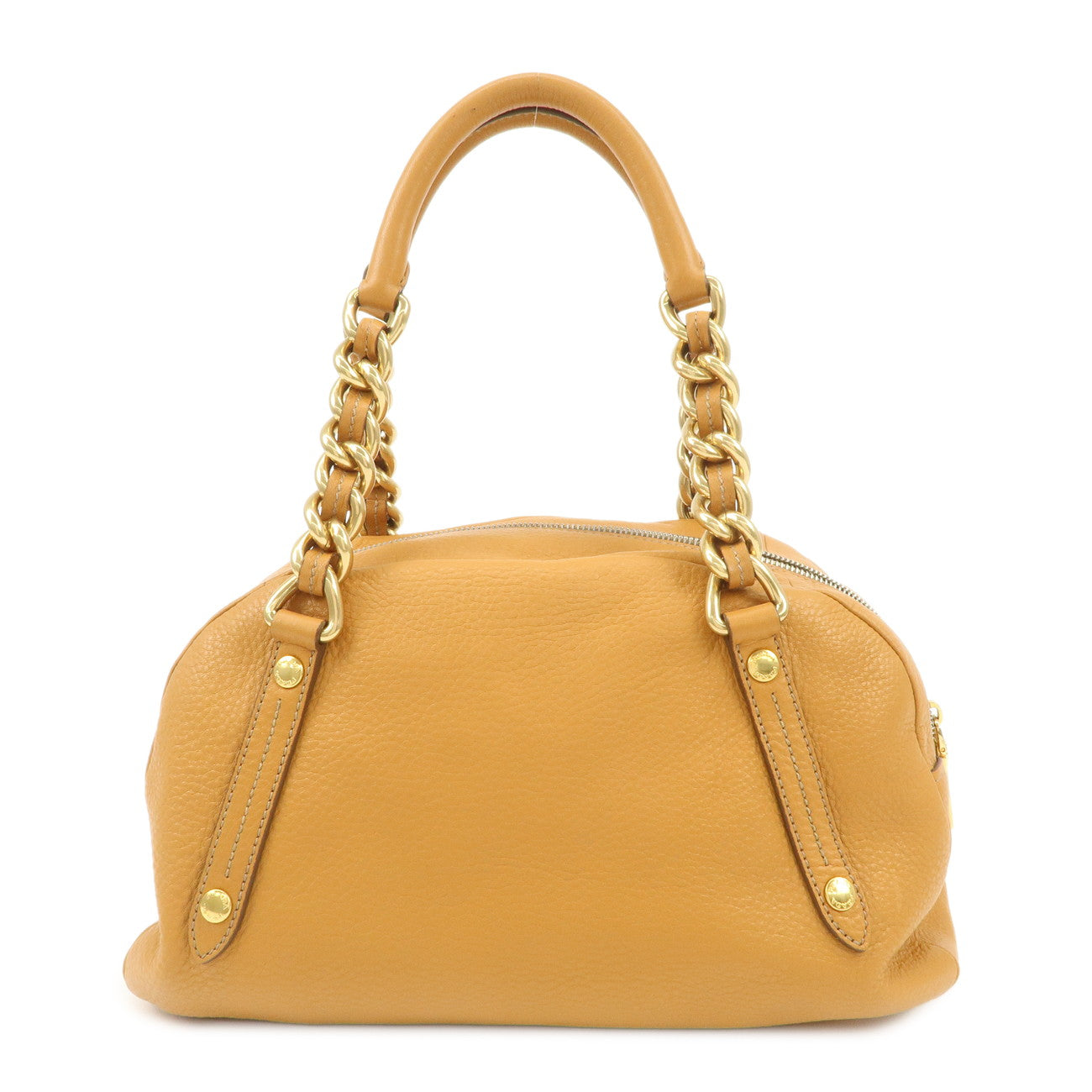 PRADA Logo Leather Chain Shoulder Bag Boston Bag Hand Bag Camel BL0692 Used