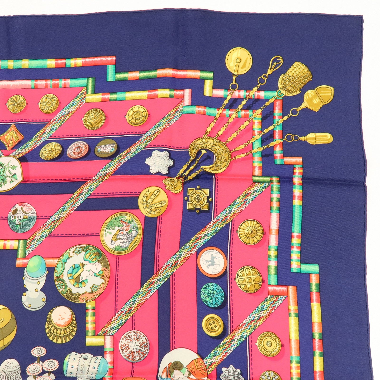 HERMES Carre 90 Silk 100% Petite Main Scarf Navy Pink Multicolor