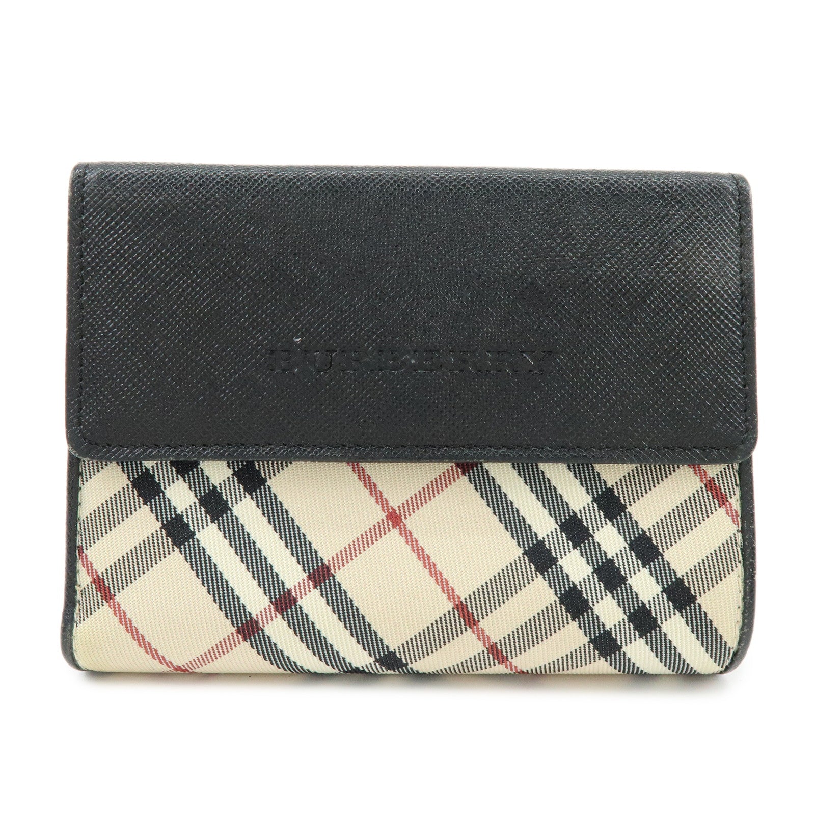 BURBERRY Nova Plaid Canvas Leather Compact Wallet Black Beige