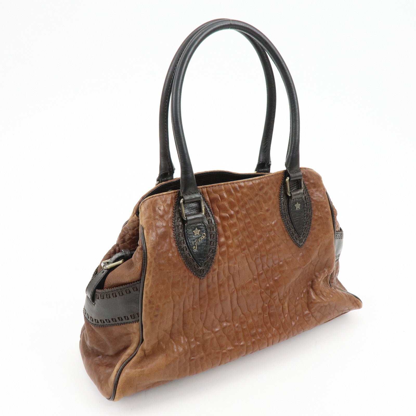 FENDI Ethnico Leather Tote Bag Shoulder Bag Hand Bag Brown 8BN162