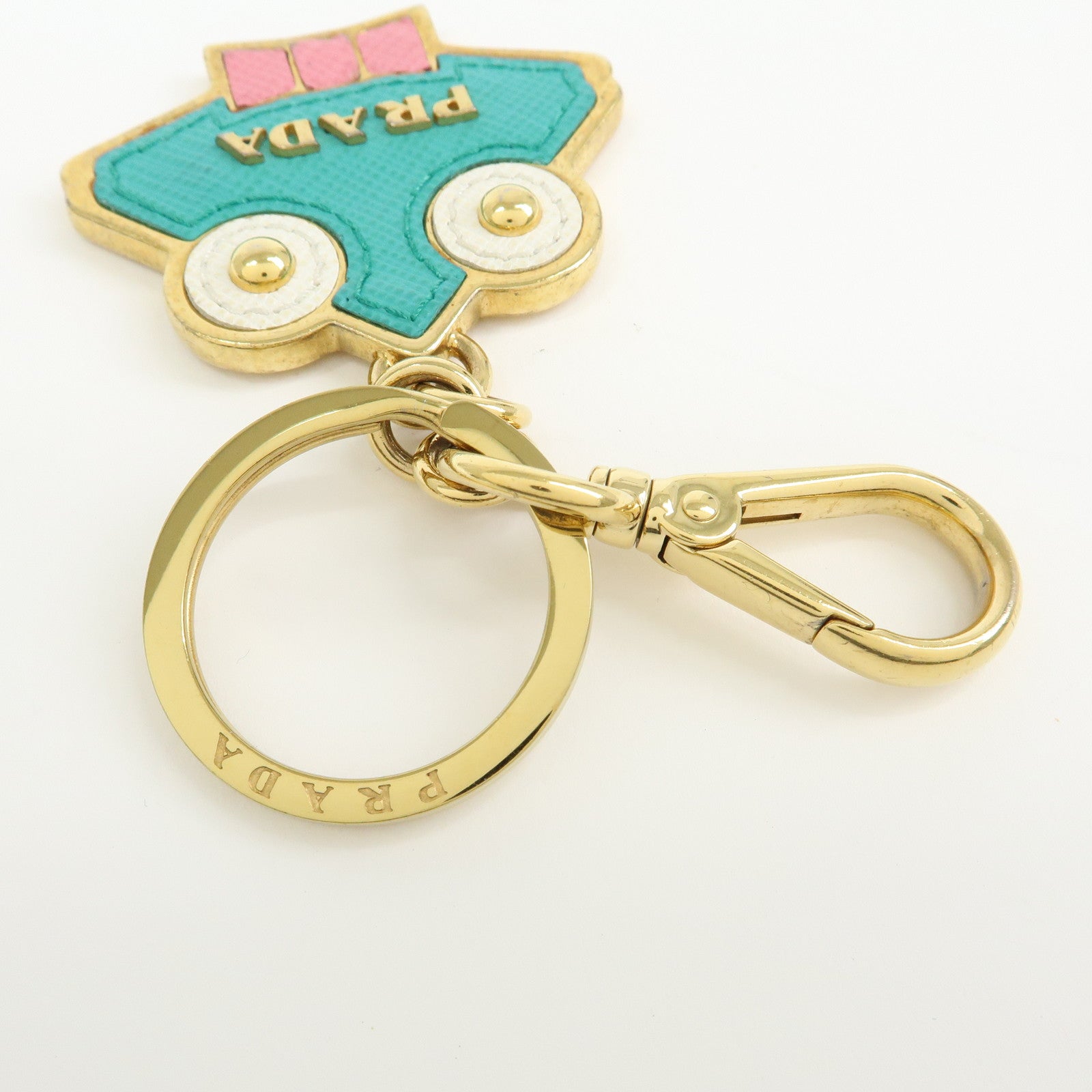 PRADA Saffiano Leather Metal Bag Charm Key Chain Green Pink Gold