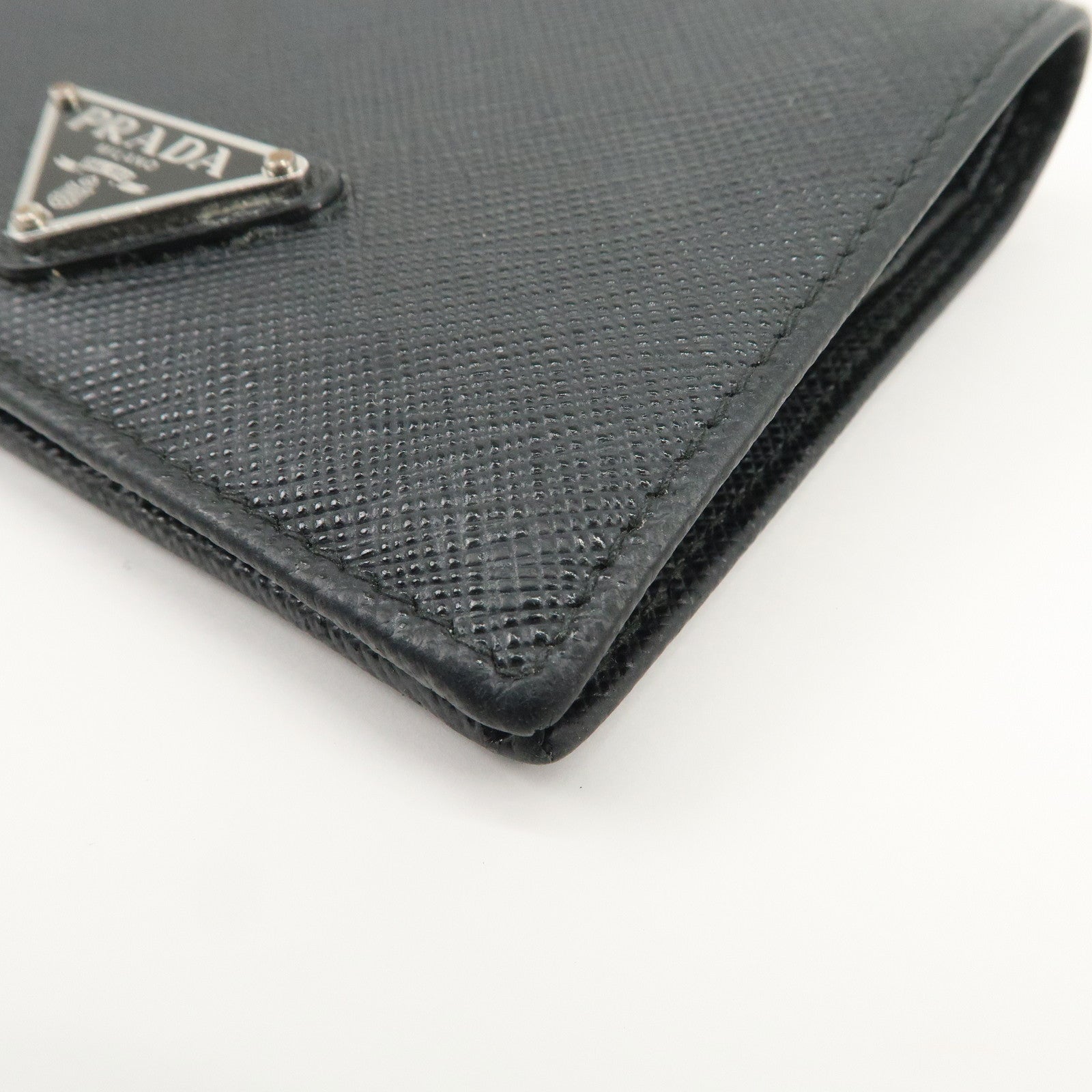 PRADA Triangle Logo Saffiano Leather Bi-Fold Compact Wallet Black