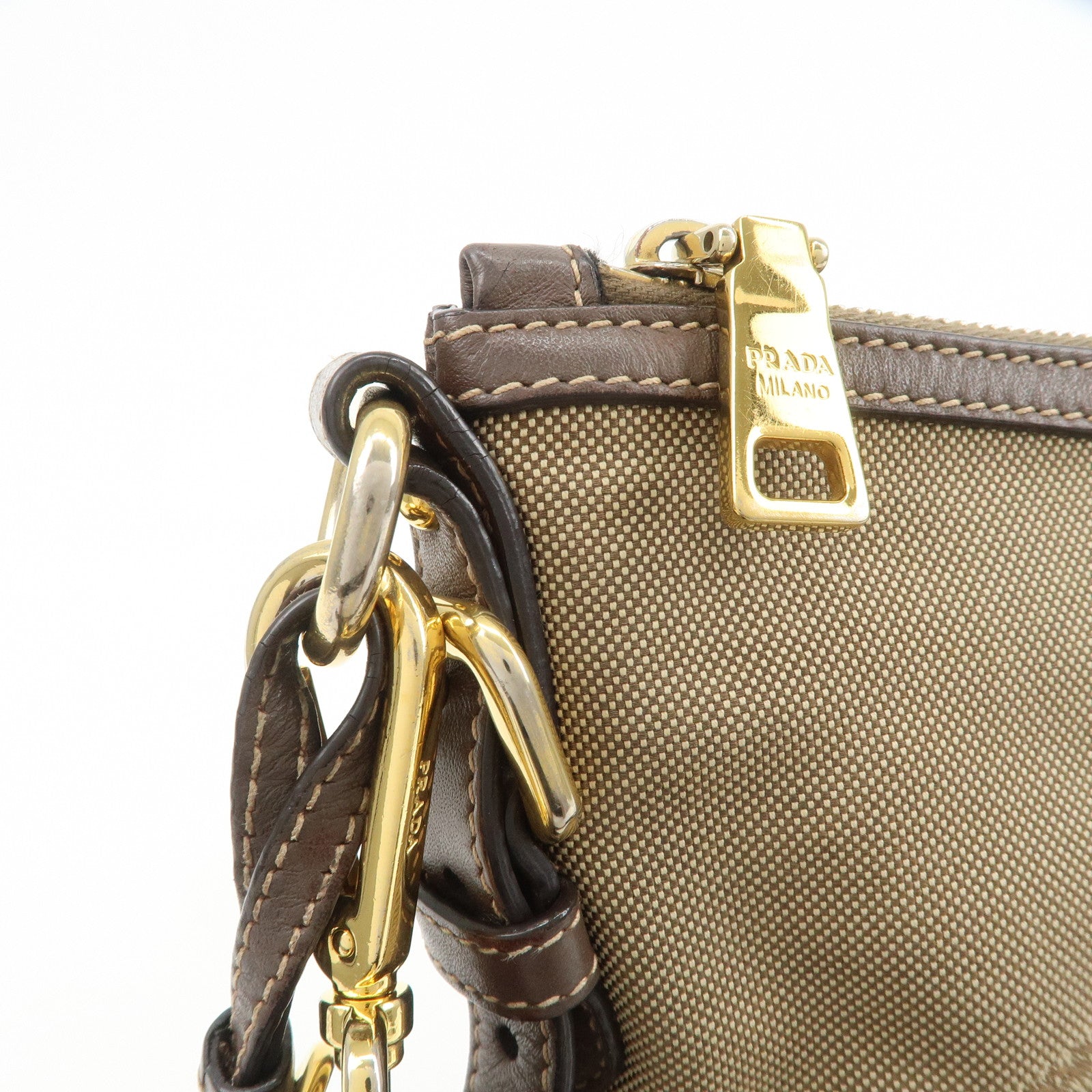 PRADA Logo Jacquard Leather Shoulder Bag Beige Brown BT867A