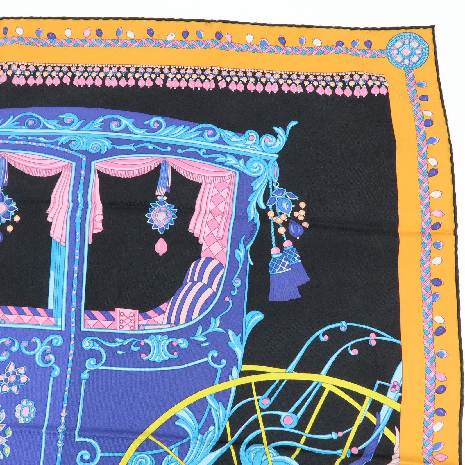 HERMES Carre 90 Silk 100% Scarf COUPE DE GALA Black Orange Blue