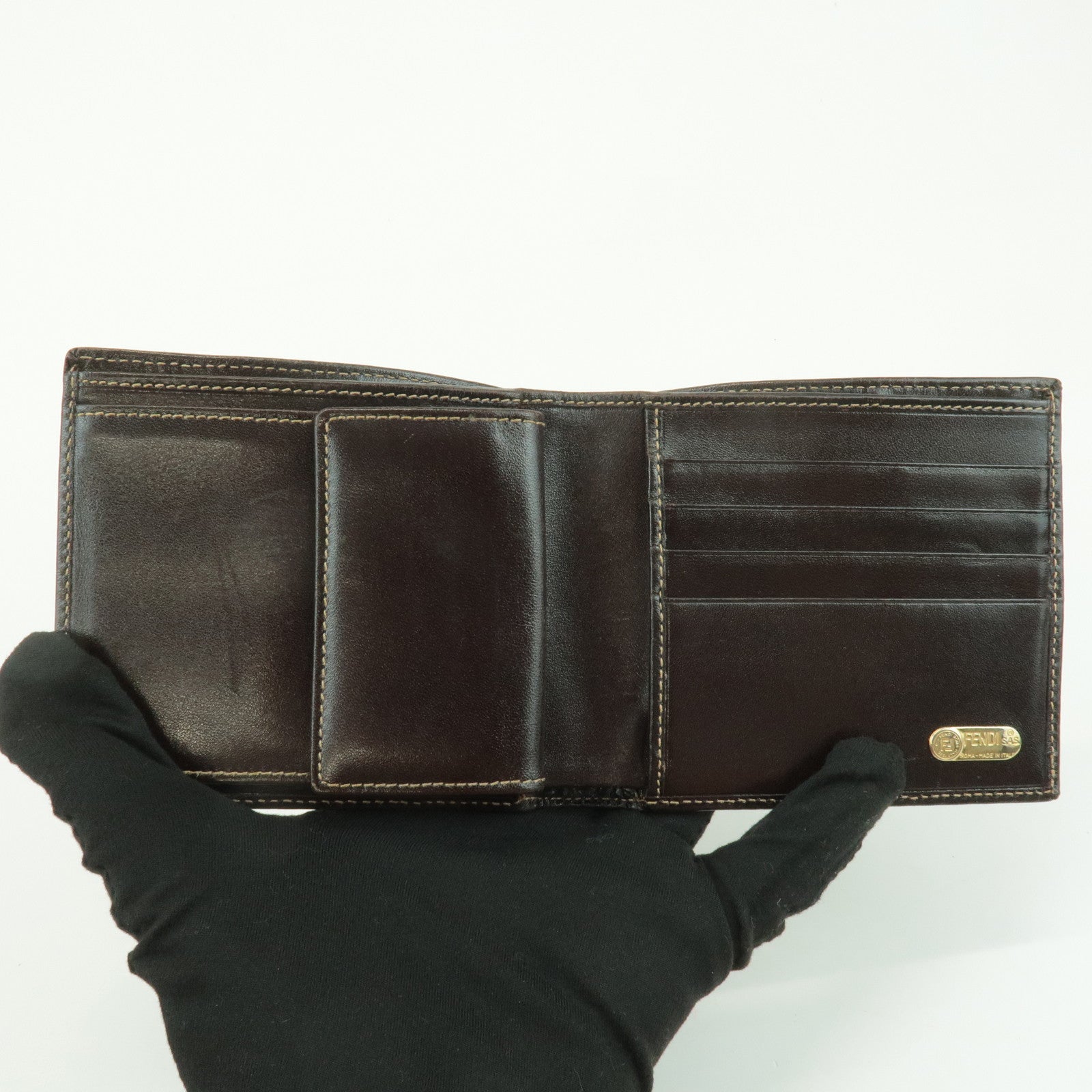 FENDI Zucca Leather Canvas Bi-fold Wallet Black Brown 01445 Used