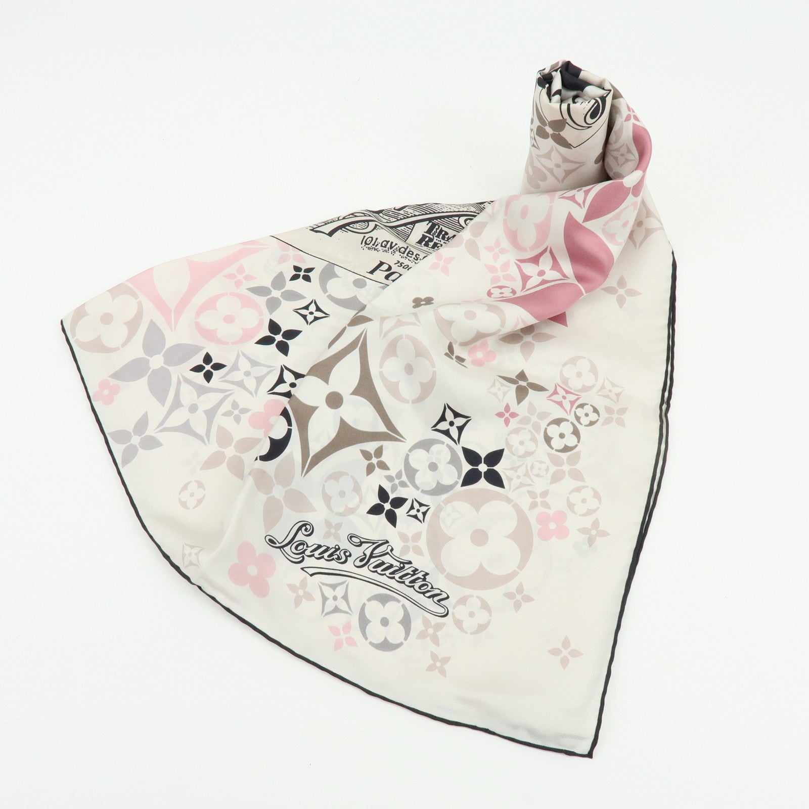 Louis Vuitton Silk 100% Scarf TRAVELLING REQUISITES Gray Light Pink