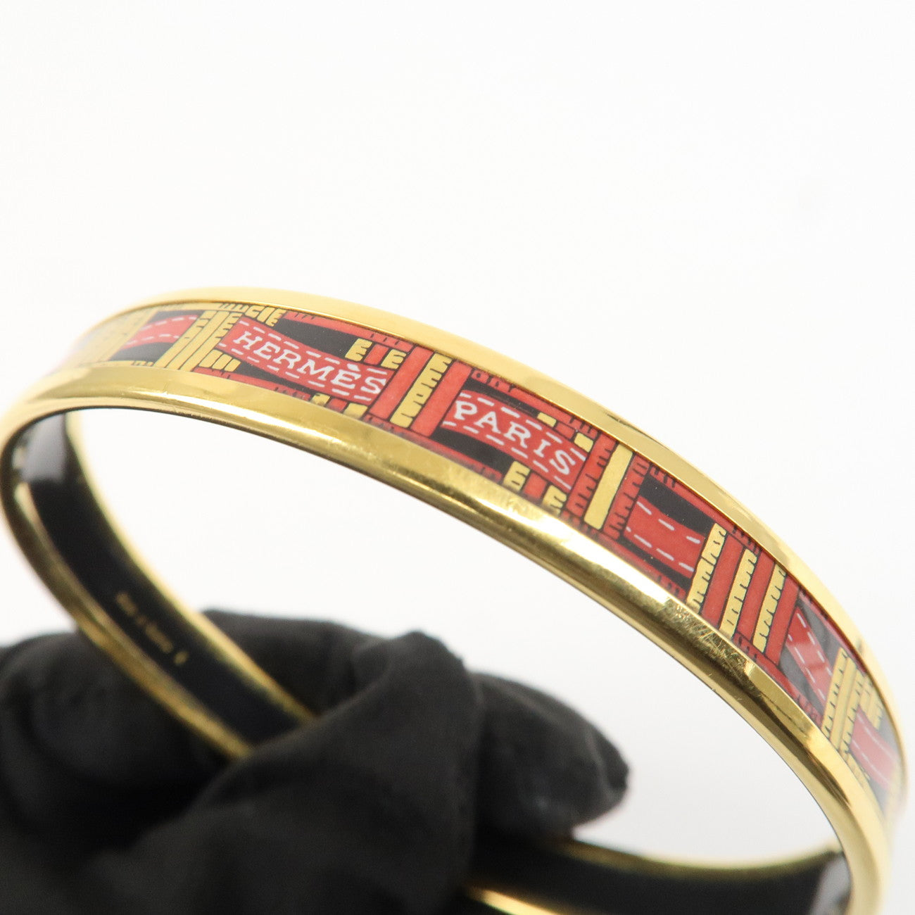 HERMES Plating Email PM Bangle Bracelet Black Gold Red Used