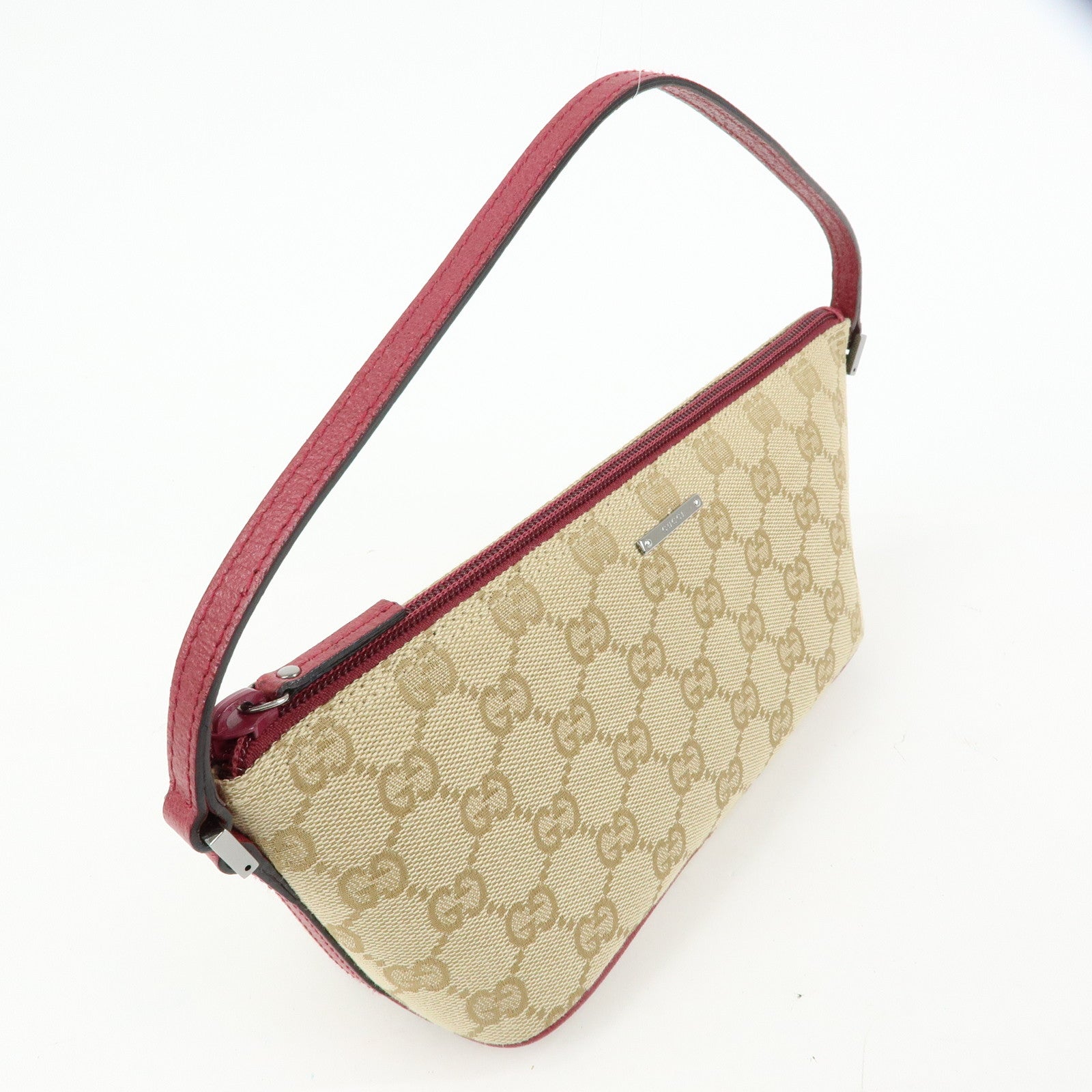 GUCCI Boat Bag GG Canvas Leather Hand Bag Beige Red 07198