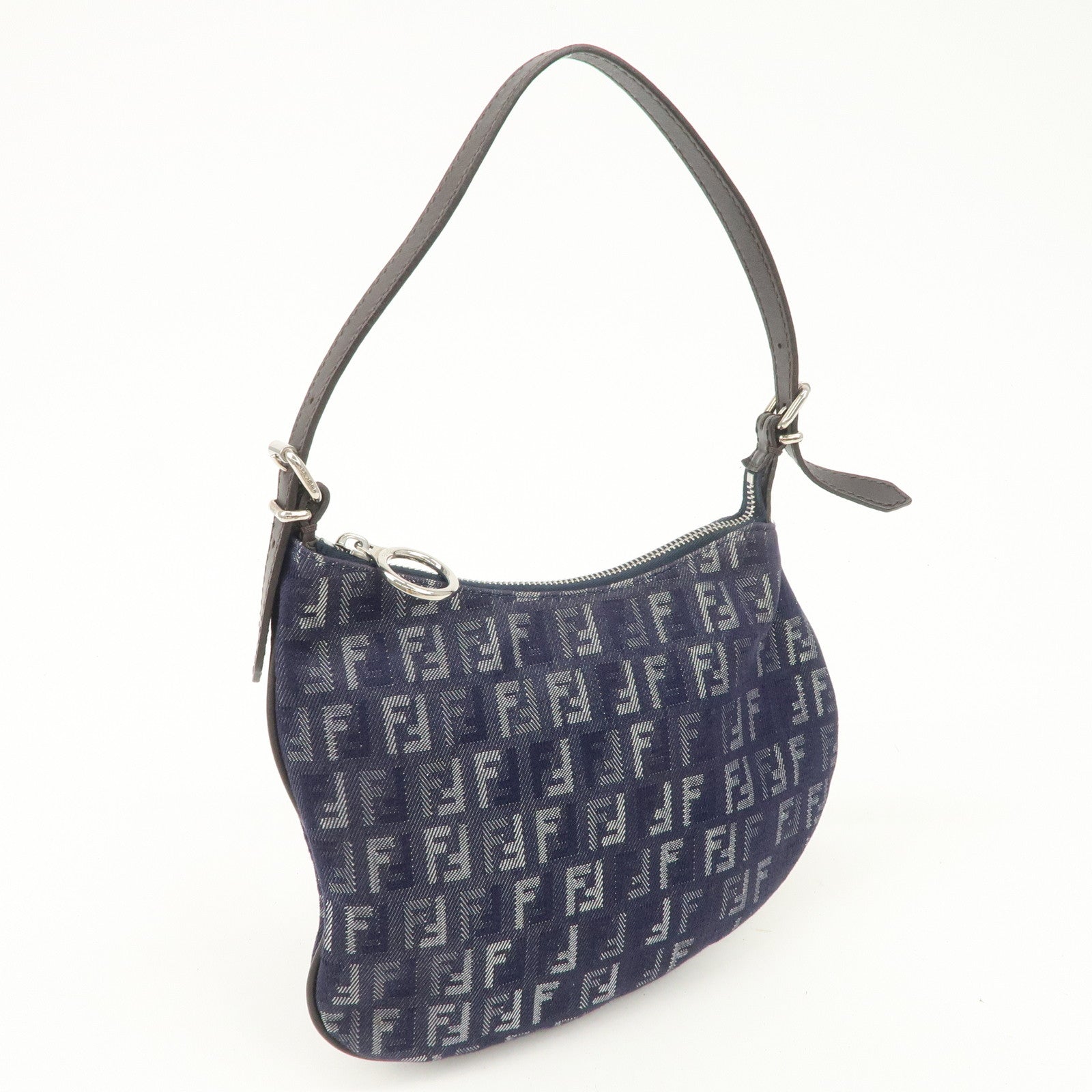 FENDI Zucchino Canvas Leather Shoulder Bag Hand bag Navy 8BR248 Used