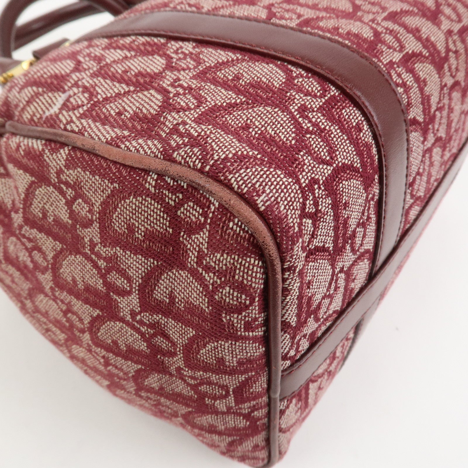 Christian Dior Trotter Jacguard Canvas Leather Boston Hand Bag Red
