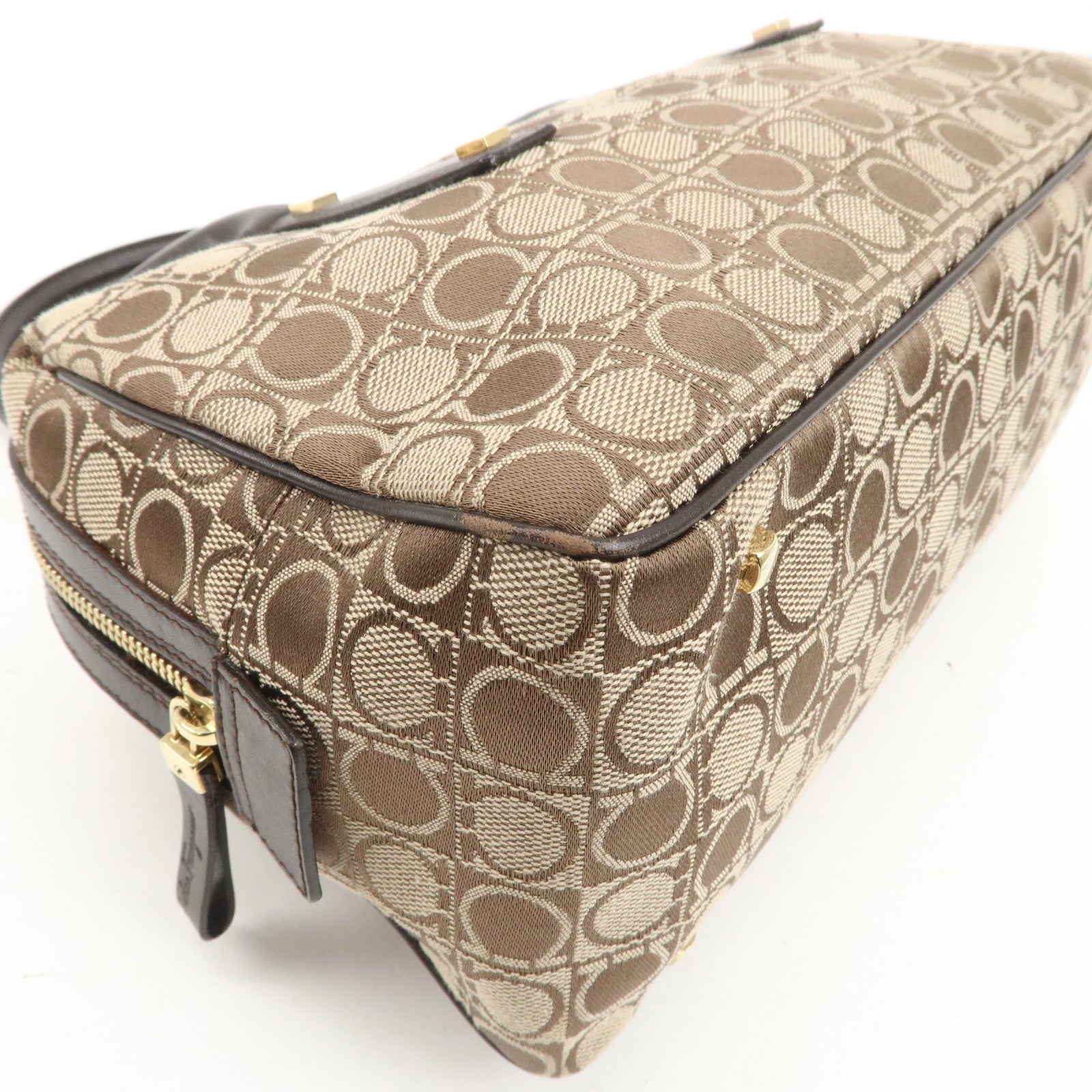 Ferragamo Gancini Leather Canvas Shoulder Bag Hand Bag Beige Brown