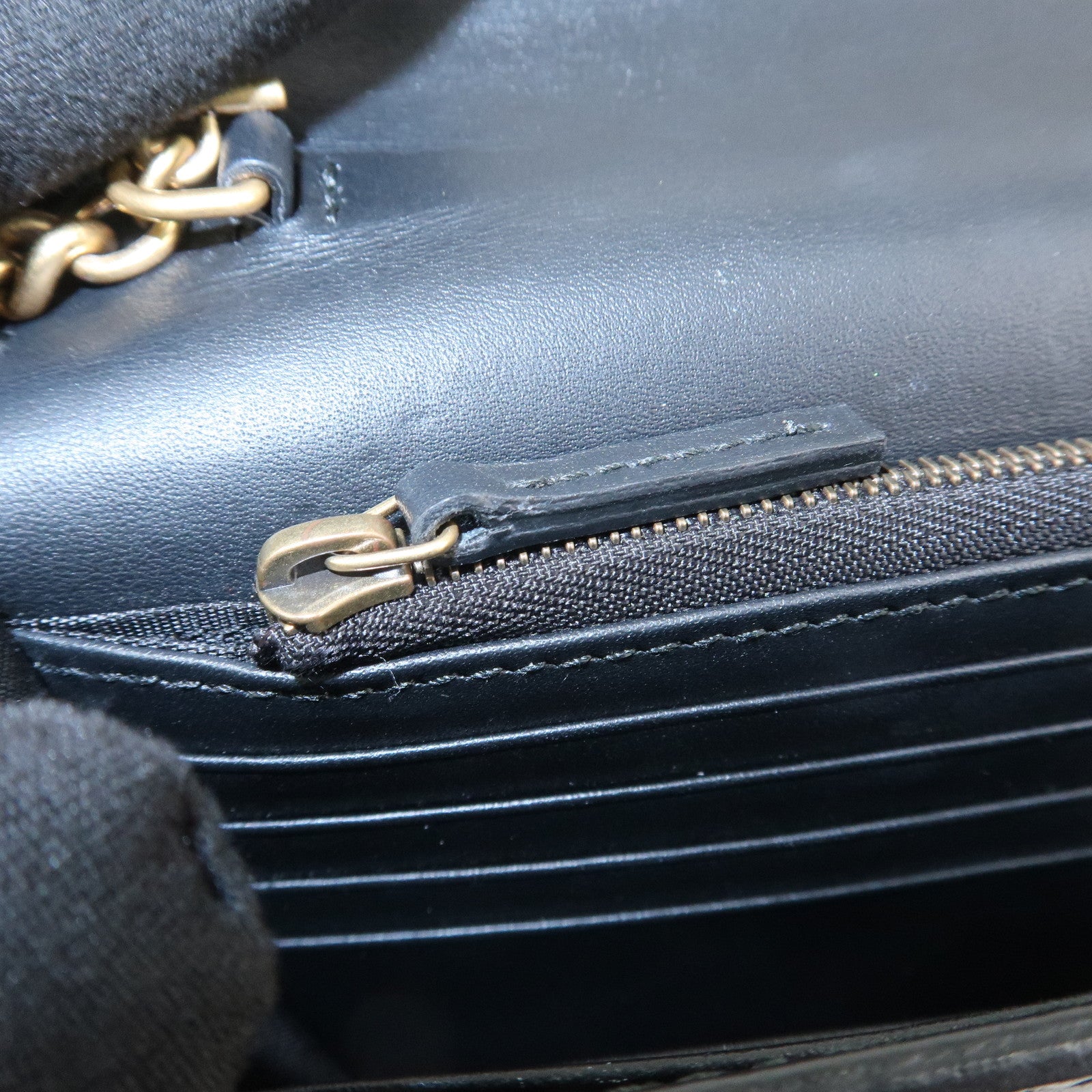 GUCCI GG Marmont Leather Chain Wallet Gold HDW Black 431478 Used