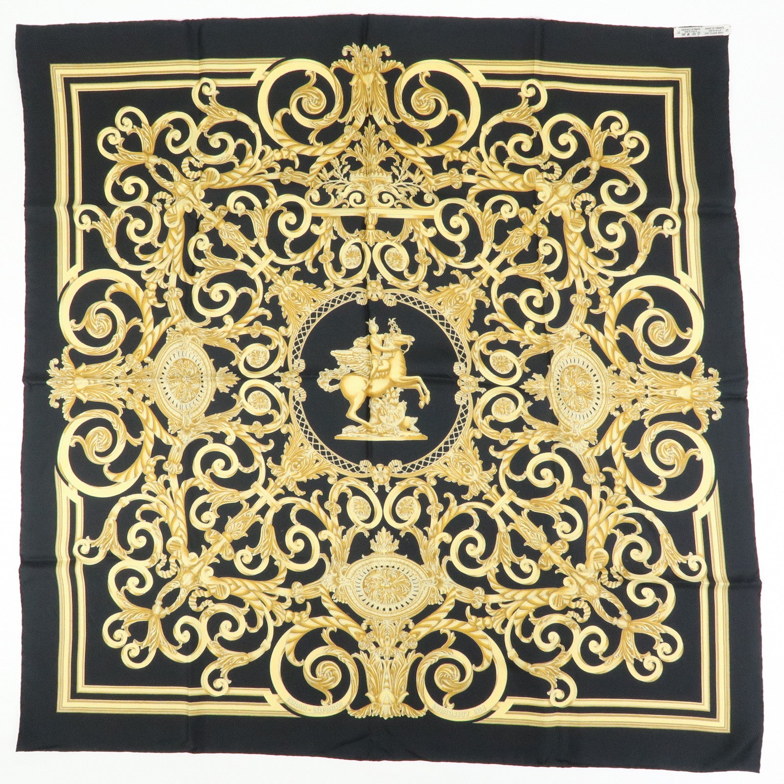 HERMES Carre 90 Silk 100% Scarf LES TUILERIES Black Gold