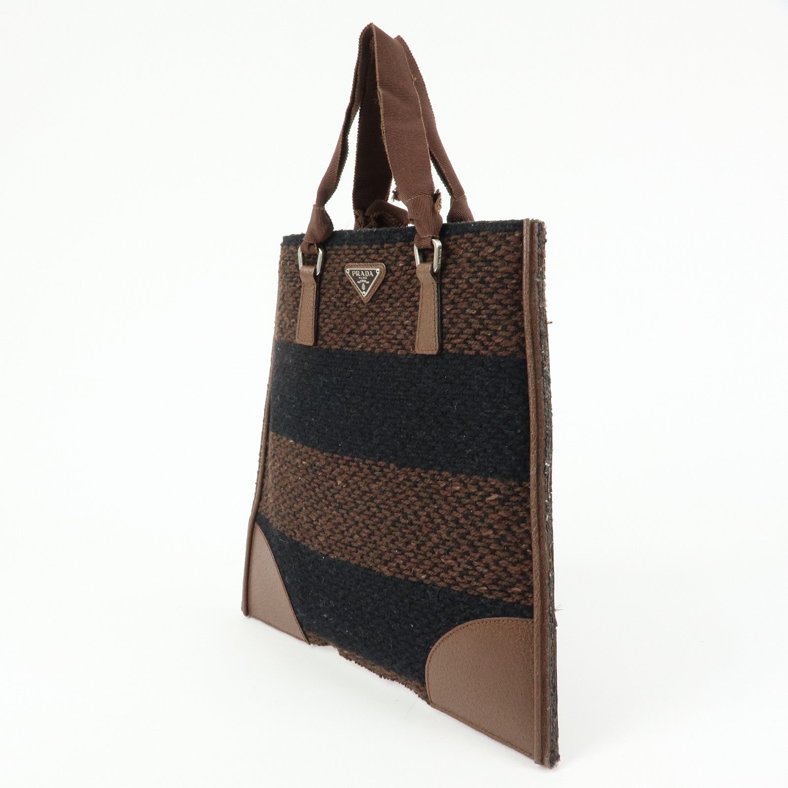 PRADA Triangle Logo Tweed Canvas Hand Bag Brown Black B11268