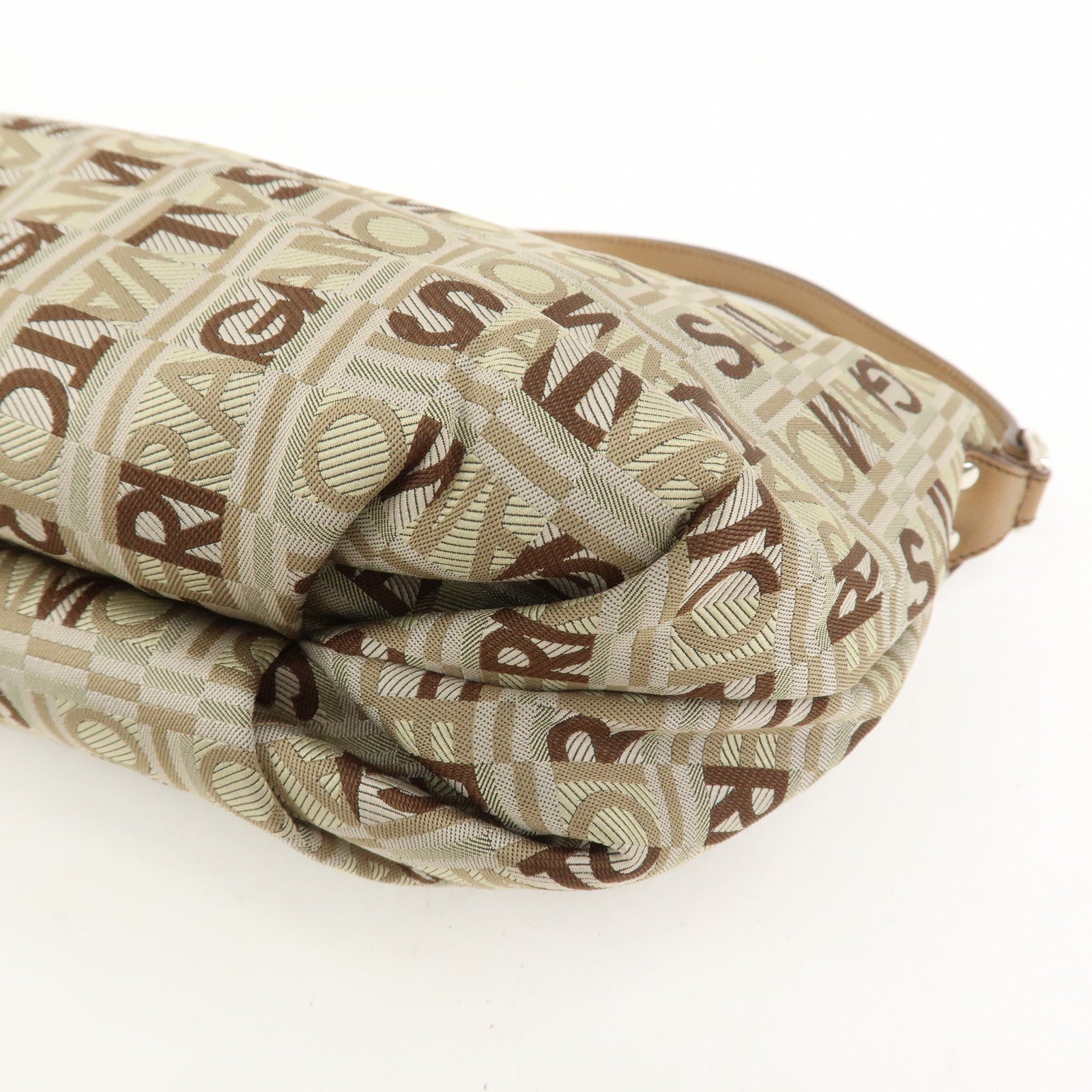 Ferragamo Logo Canvas Leather Hand Bag Shoulder Bag Beige Brown