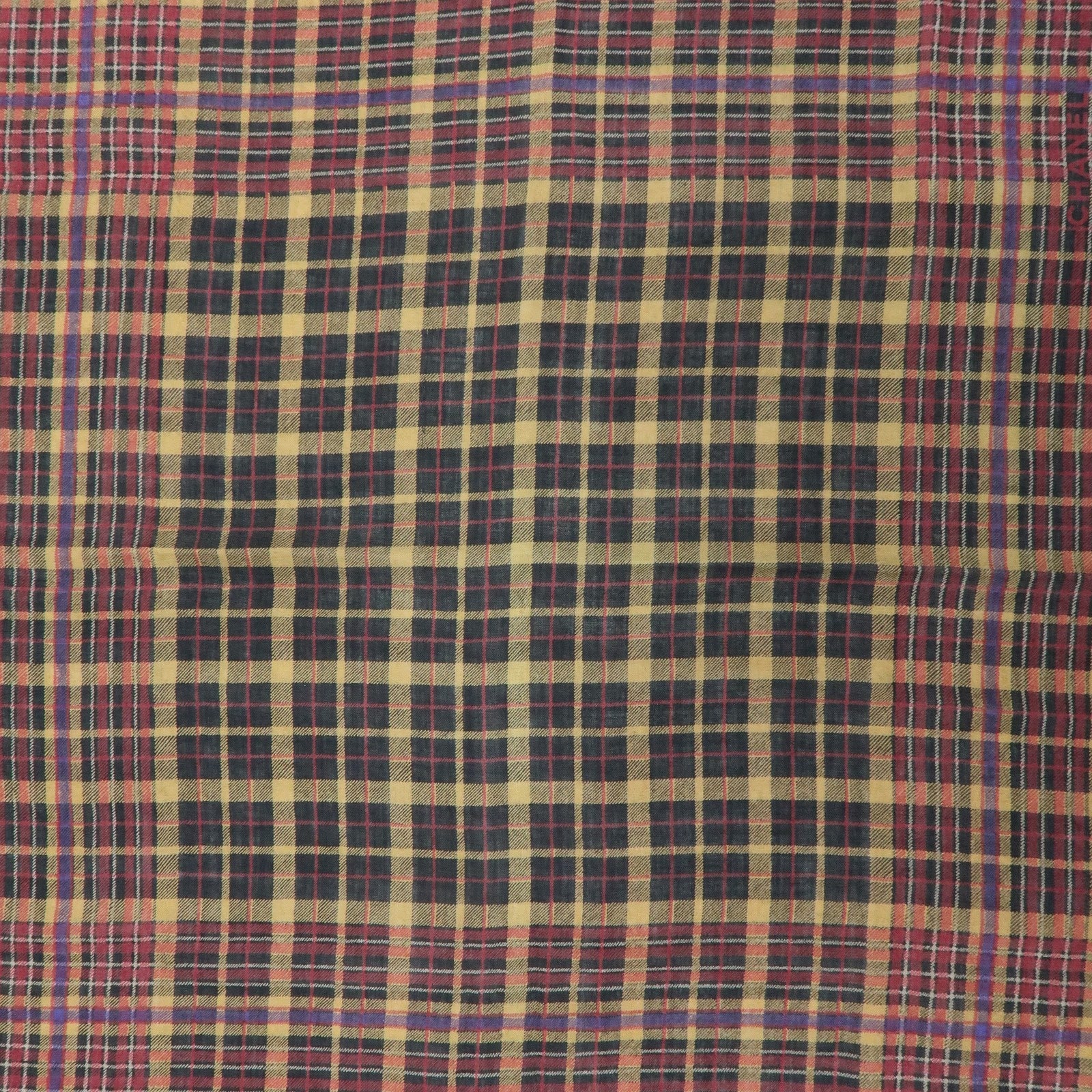 CHANEL Silk Cashmere Plaid Scarf Black Beige Wine Red