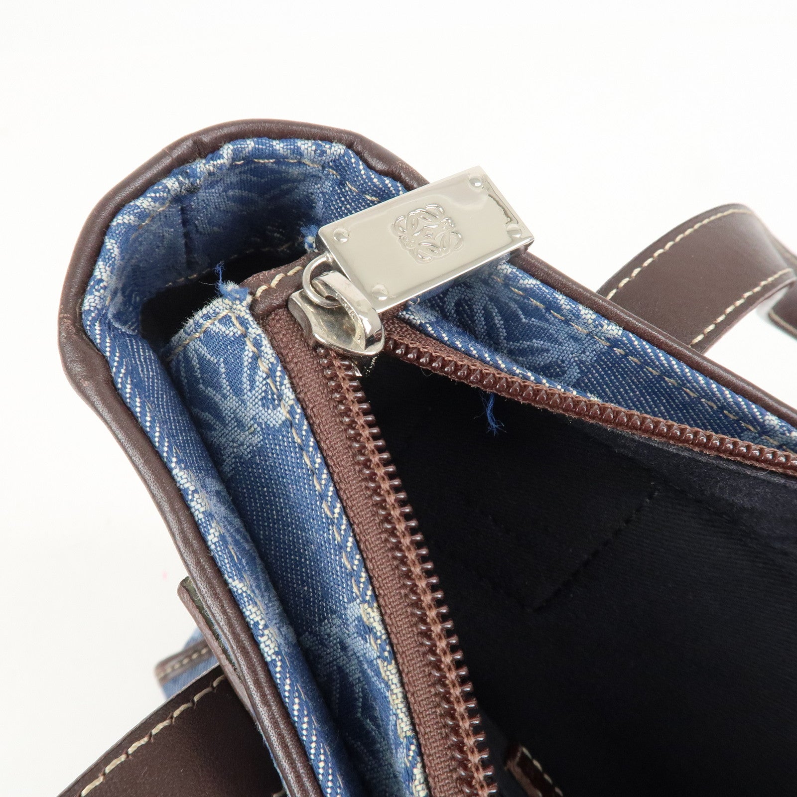 LOEWE Repeat Anagram Canvas Leather Tote Bag Hand Bag Blue Brown