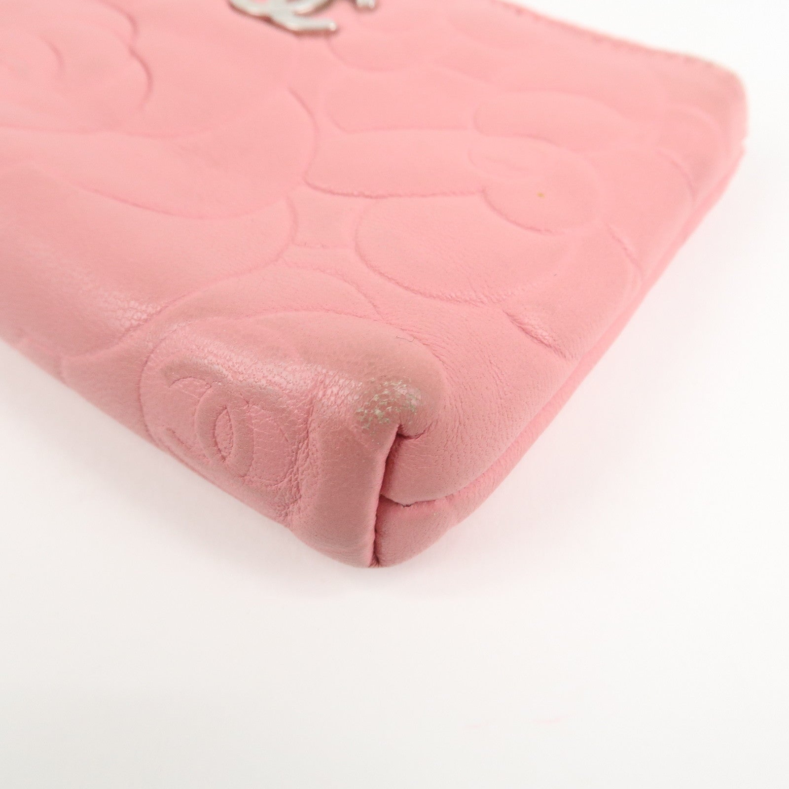 CHANEL Camellia Lamb Skin Leather Coin Case Pink