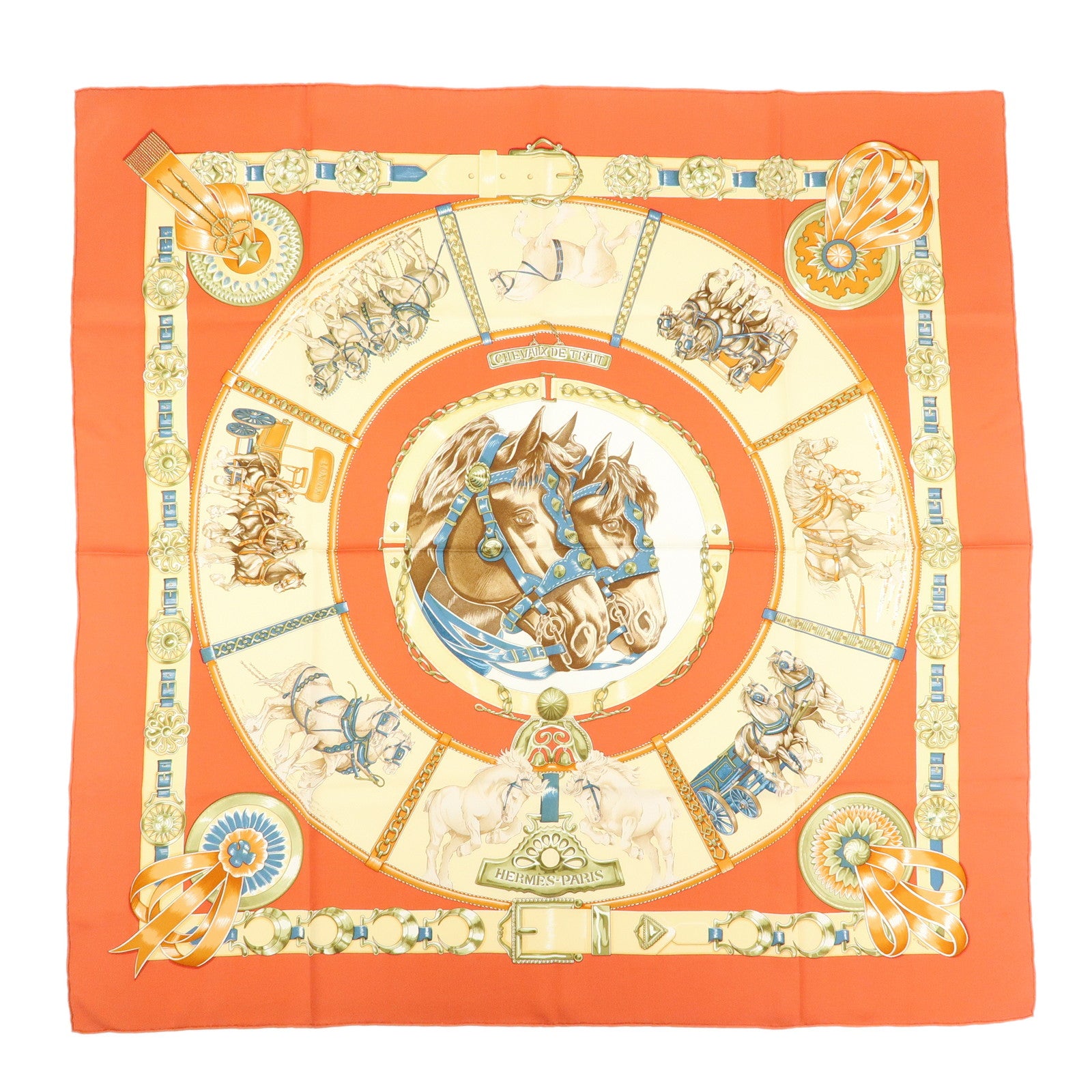HERMES Carre 90 Silk 100% CHEVAUX DE TRAIT Scarf Orange Beige