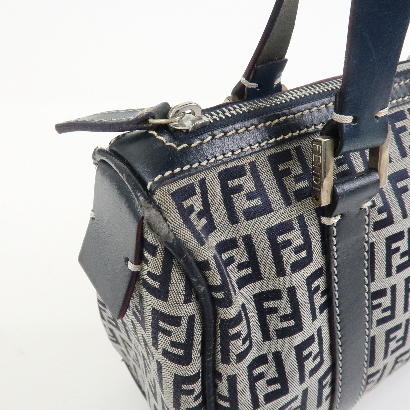 FENDI Zucchino Canvas Leather Hand Bag Mini Boston Bag Navy 16327