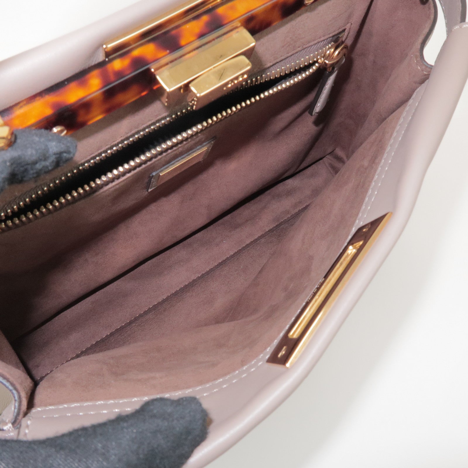 FENDI Peekaboo Leather Medium 2Way Hand Bag Greige Beige 8BN290