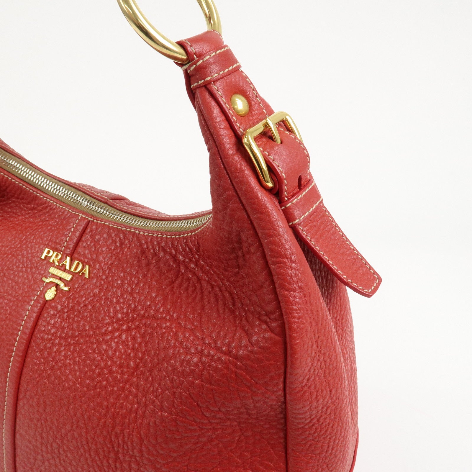 PRADA Logo Leather Shoulder Bag Hand Bag Red BR4373