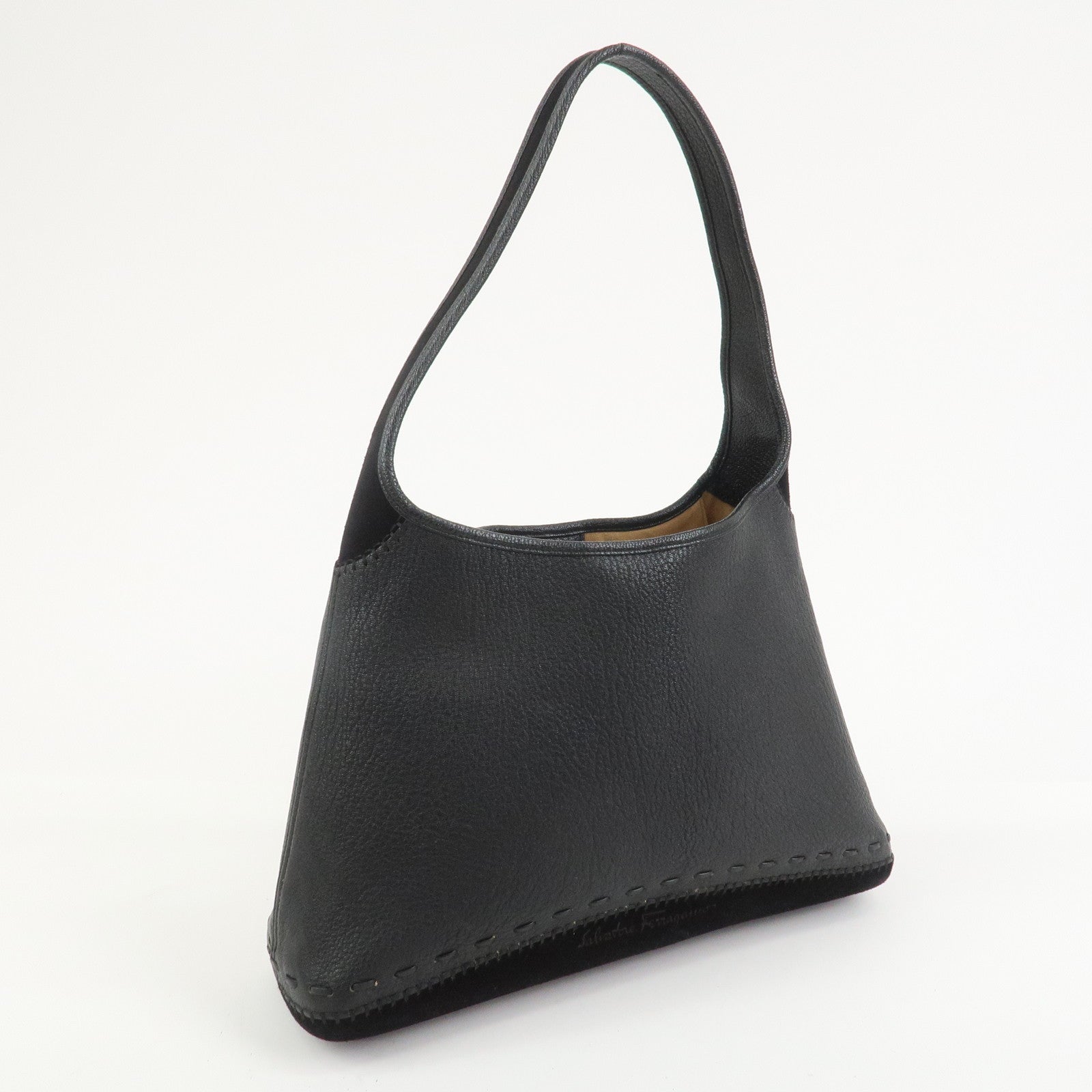 Ferragamo Leather Suede Shoulder Bag Hand Bag Black