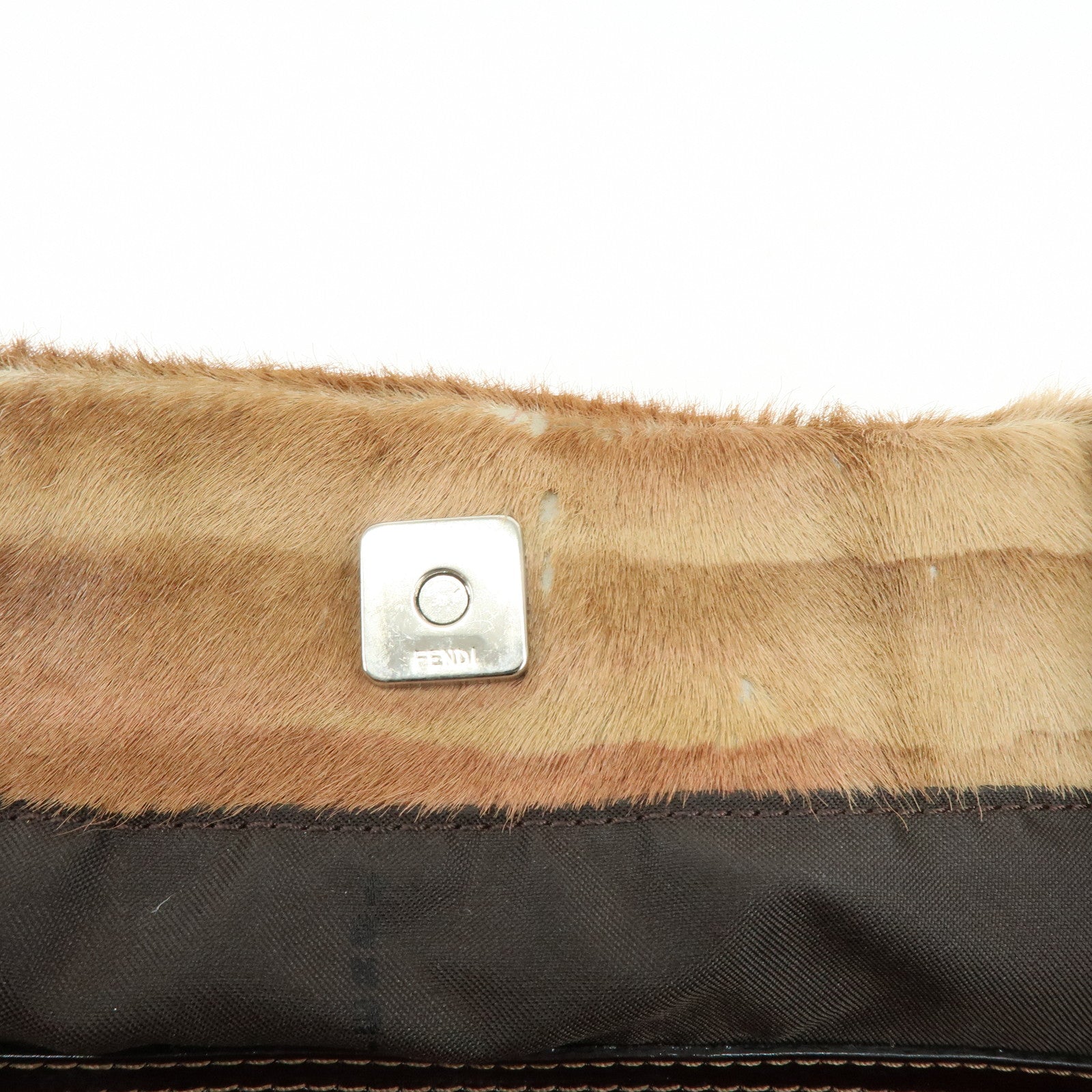 FENDI Calf Hair Leather Animal Pattern Tote Bag Hand Bag Brown