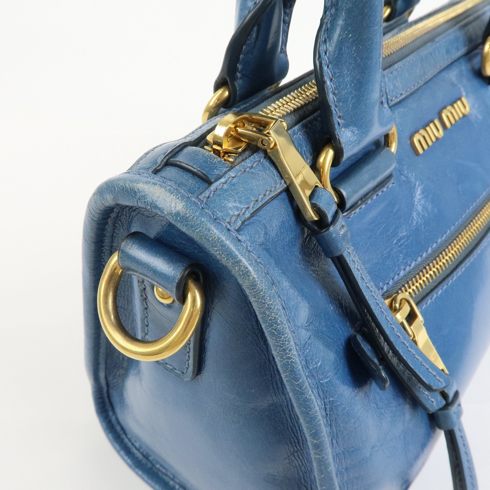 MIU MIU Logo Leather 2Way Bag Hand Bag Shoulder Bag Blue