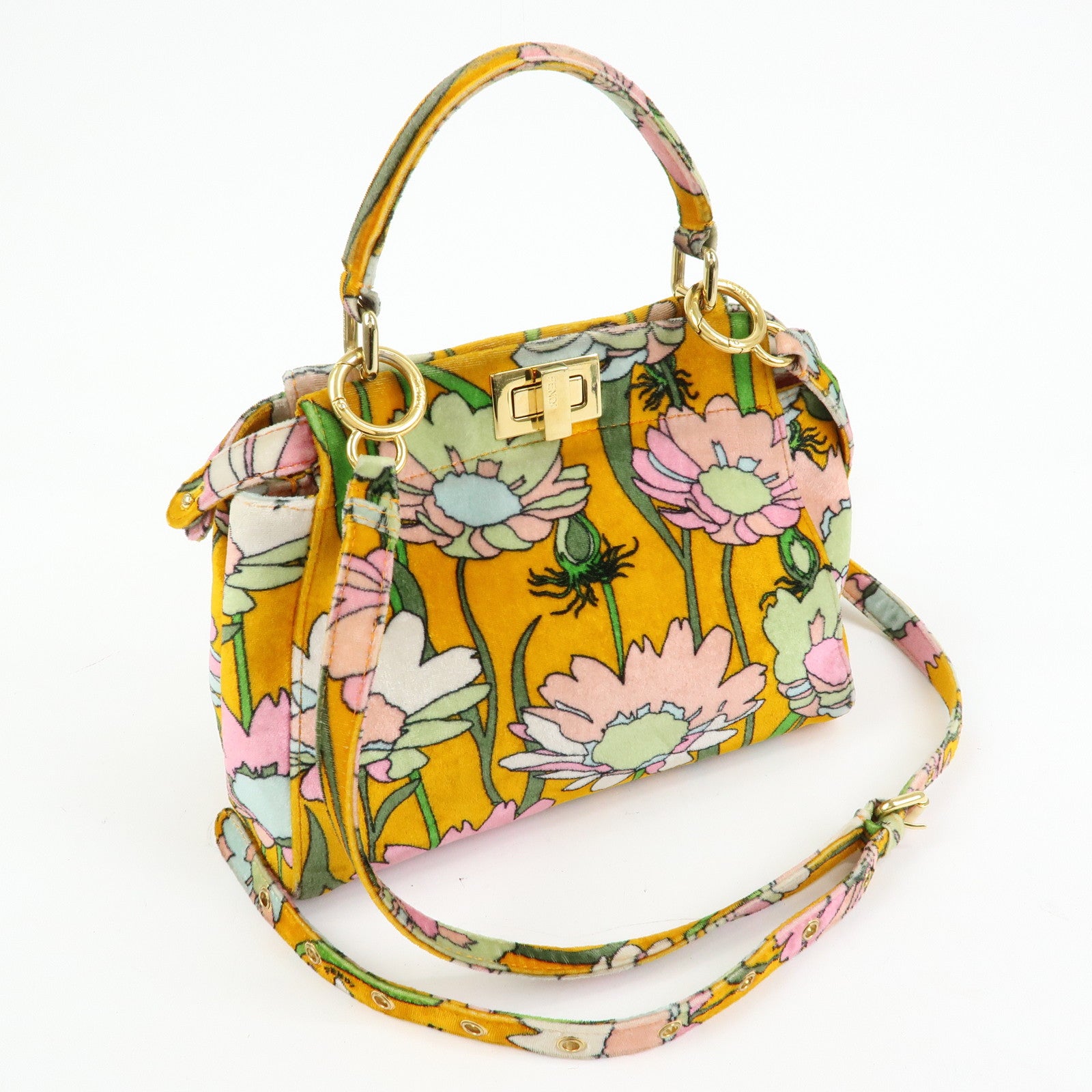 FENDI Peekaboo Mini Velour 2Way Hand Bag Flower Motif Orange 8BN244
