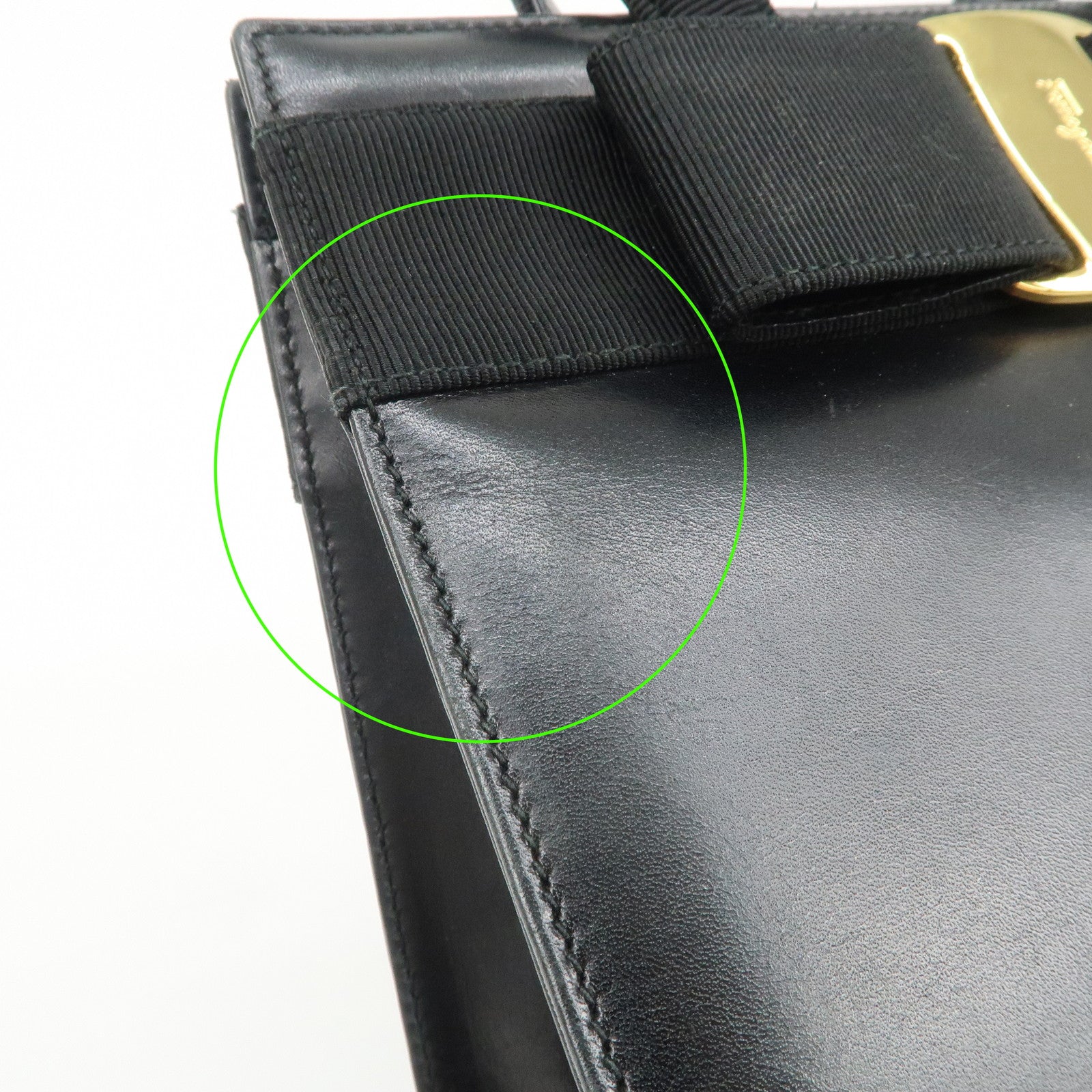 Ferragamo Vara Ribbon Leather Hand Bag Black Gold HDW