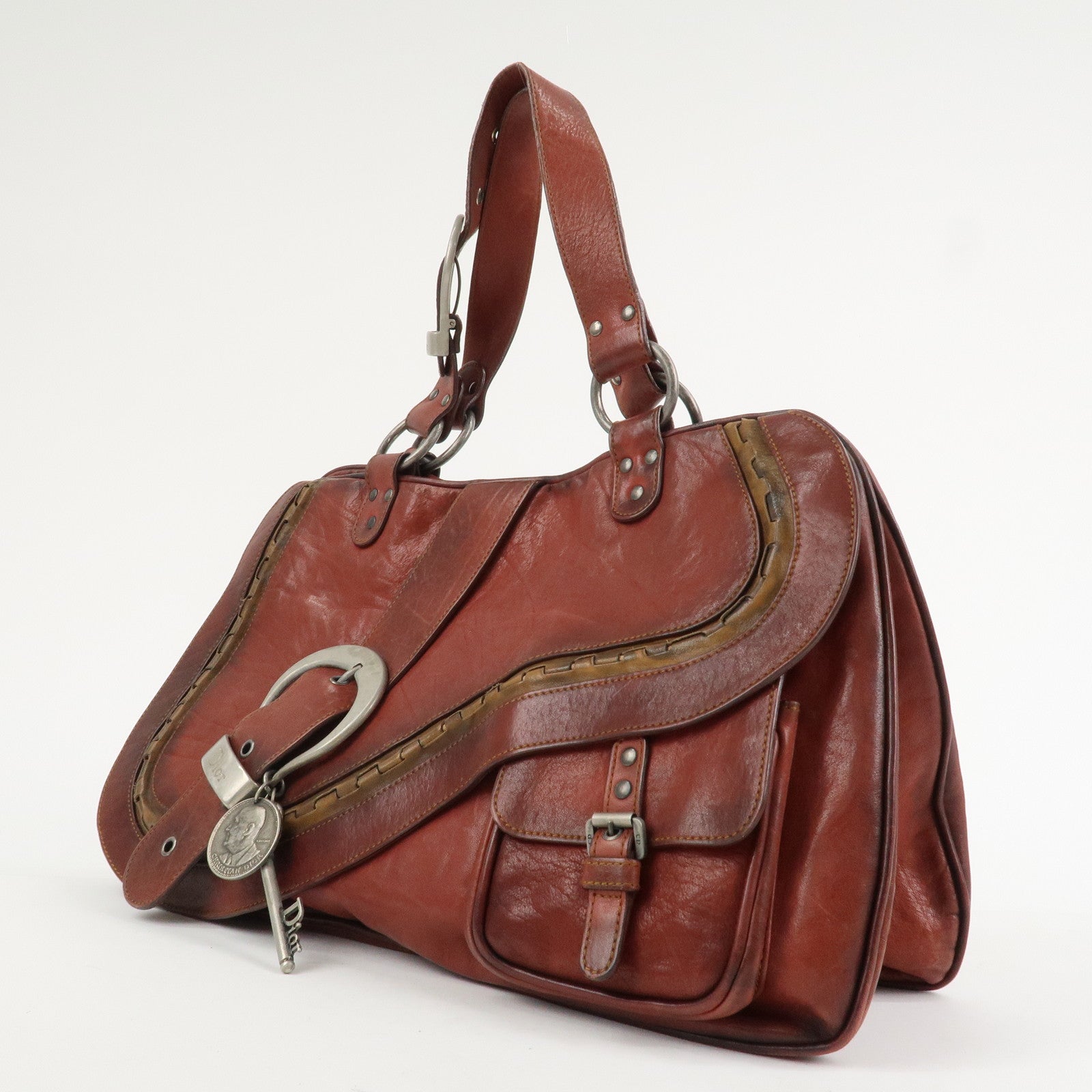 Christian Dior Gaucho Leather Saddle Bag Shoulder Bag Red Brown Used