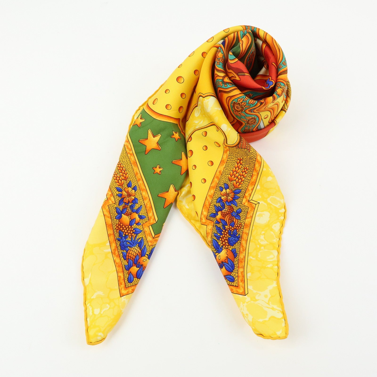 HERMES Carre 90 Silk 100% Scarf GLORIA SOLI Yellow Green Orange
